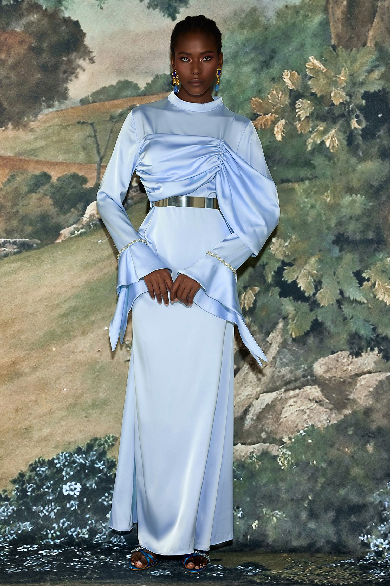 Satin Rhinestone Bell Sleeve Maxi Dress With Belt