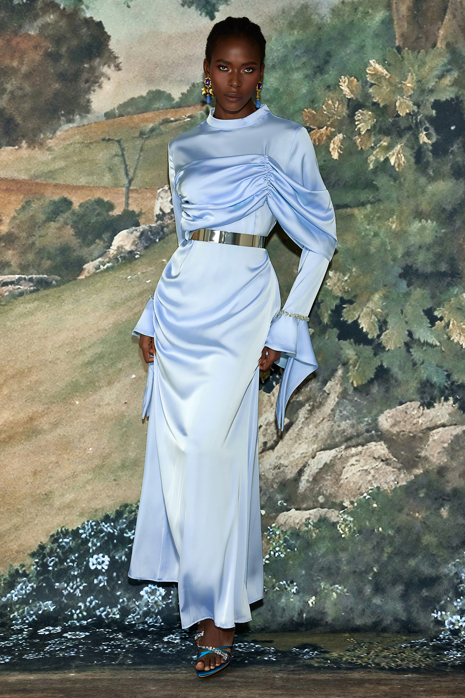 Satin Rhinestone Bell Sleeve Maxi Dress With Belt