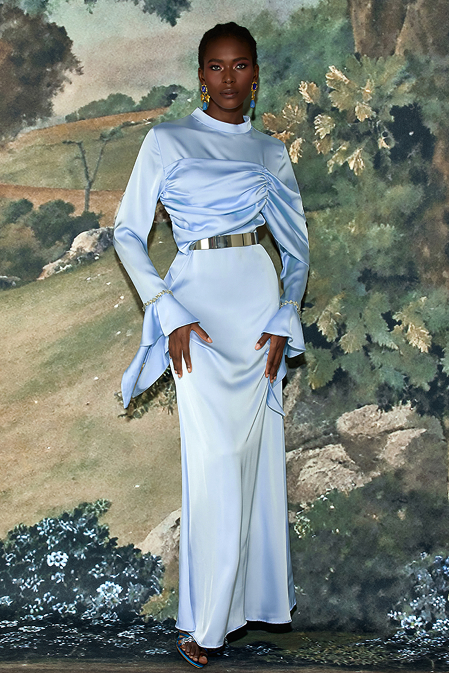 Satin Rhinestone Bell Sleeve Maxi Dress With Belt