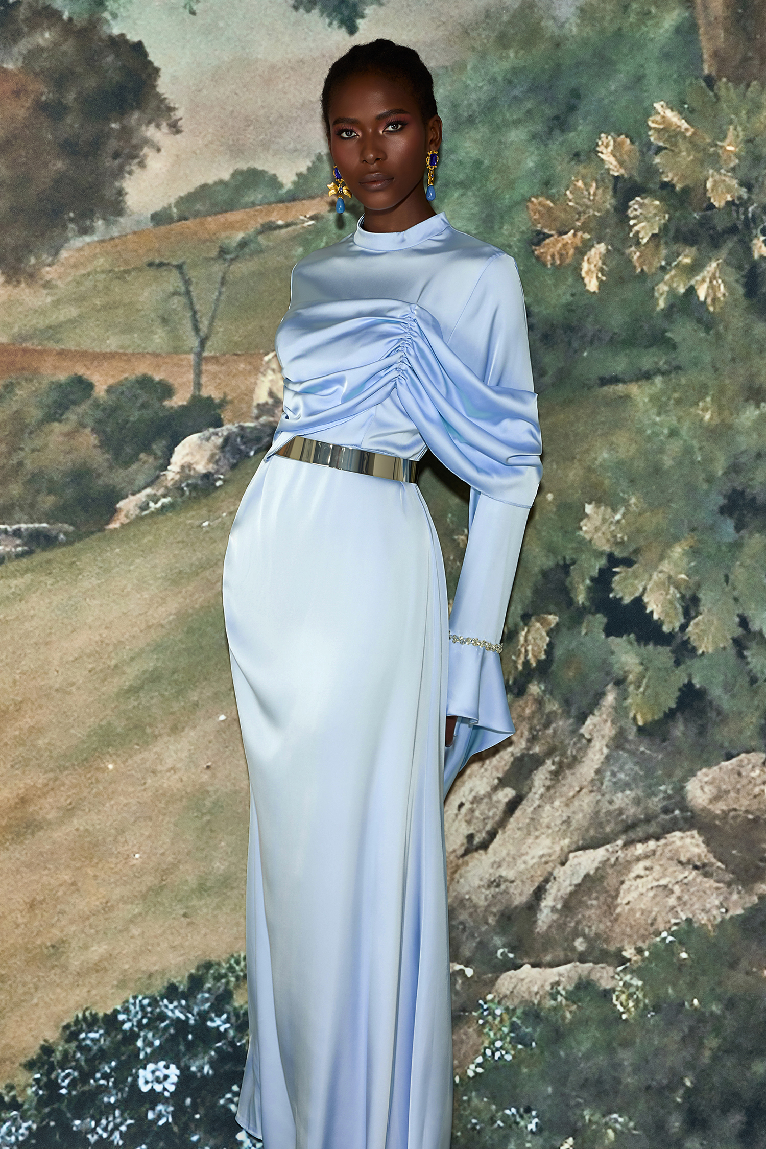 Satin Rhinestone Bell Sleeve Maxi Dress With Belt