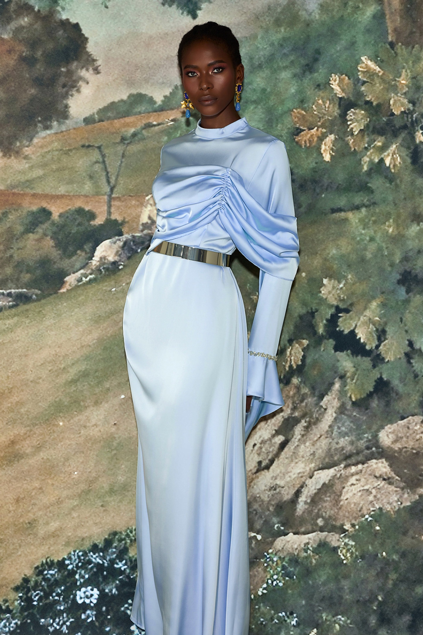 Satin Rhinestone Bell Sleeve Maxi Dress With Belt