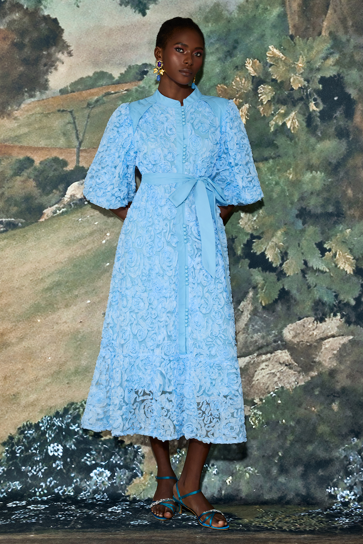 3D Flower Single Breasted Midi Dress With Belt