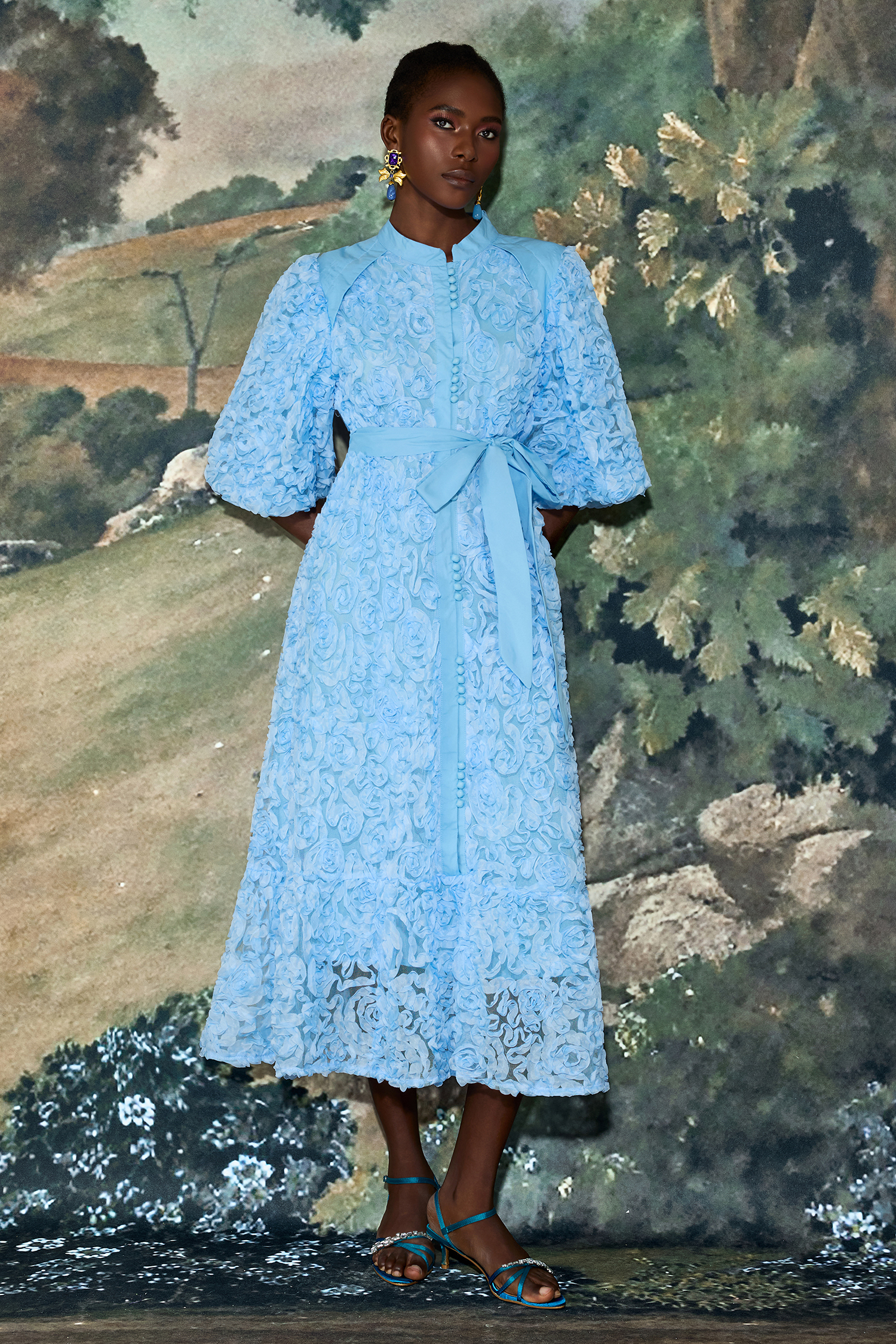 3D Flower Single Breasted Midi Dress With Belt