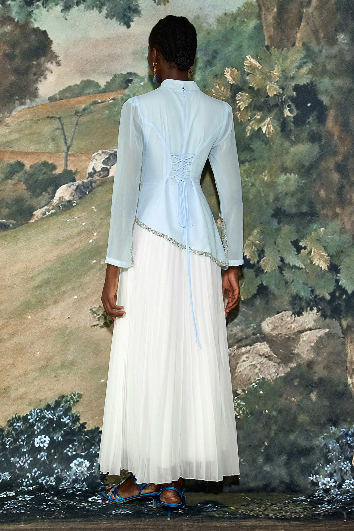 Chiffon Sequin Stand Collar Long Sleeve Maxi Dress