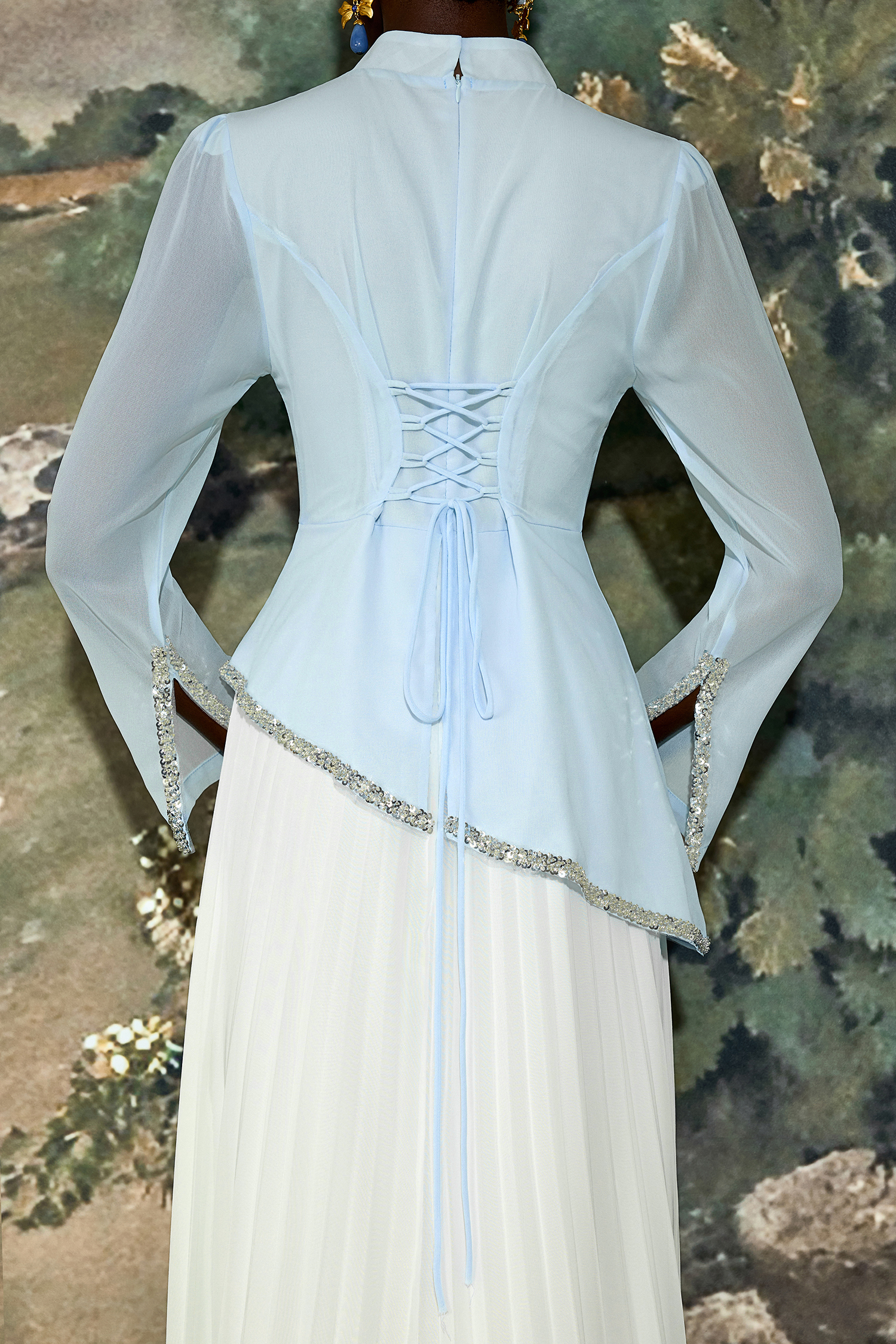 Chiffon Sequin Stand Collar Long Sleeve Maxi Dress