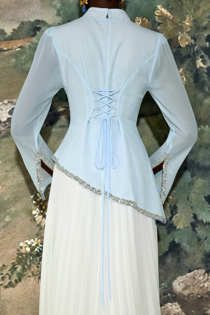 Chiffon Sequin Stand Collar Long Sleeve Maxi Dress