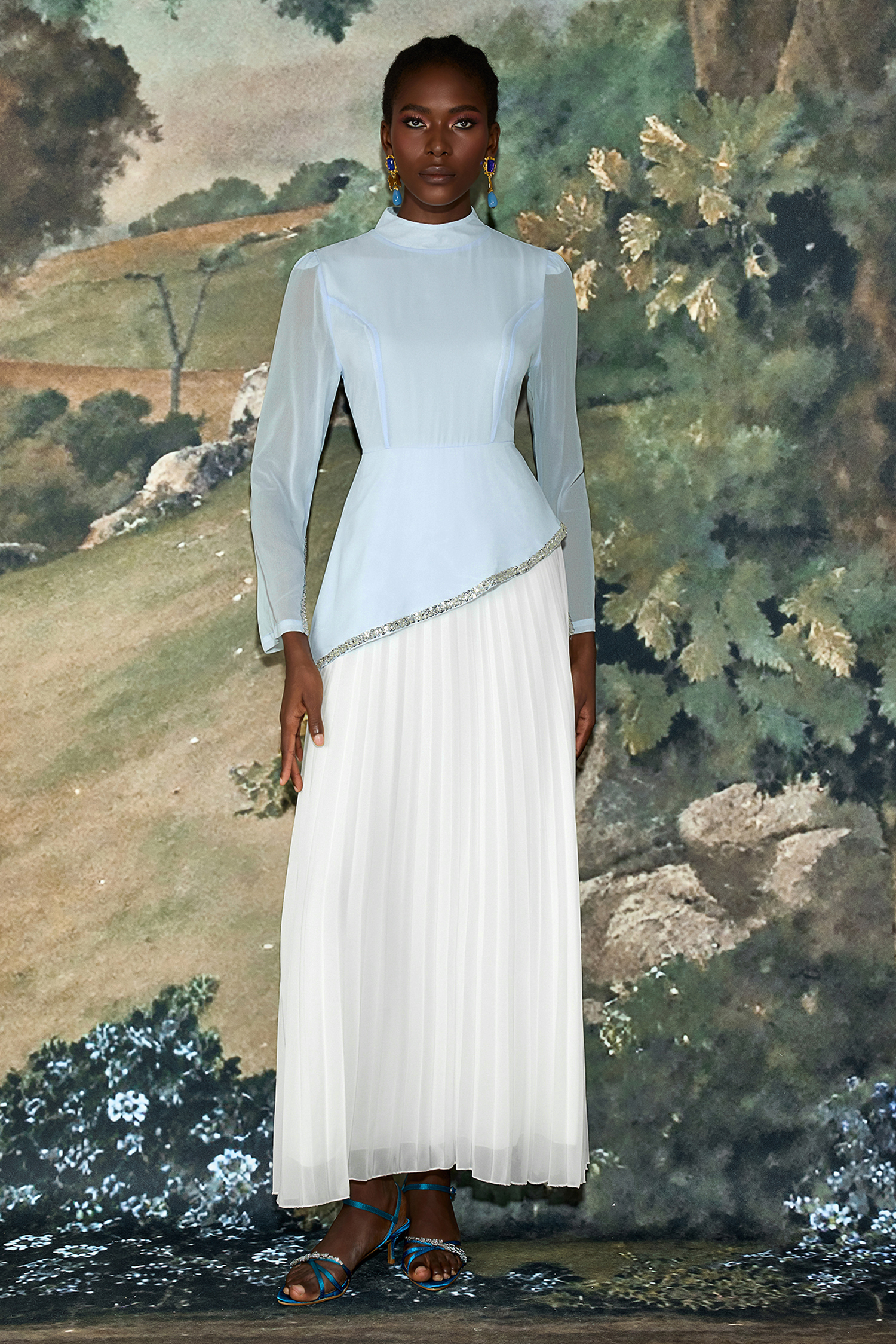 Chiffon Sequin Stand Collar Long Sleeve Maxi Dress