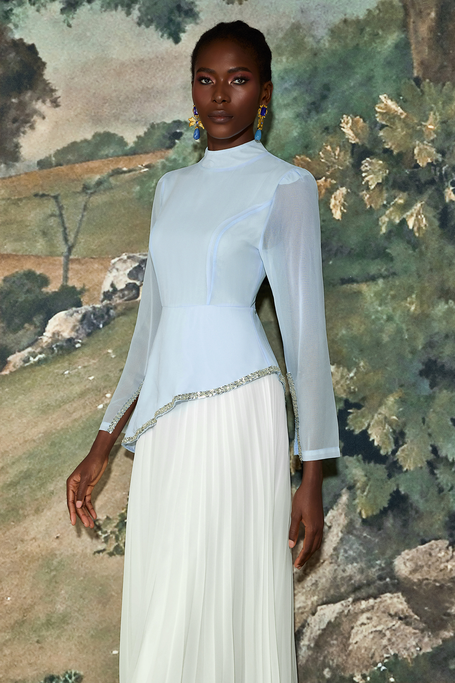 Chiffon Sequin Stand Collar Long Sleeve Maxi Dress