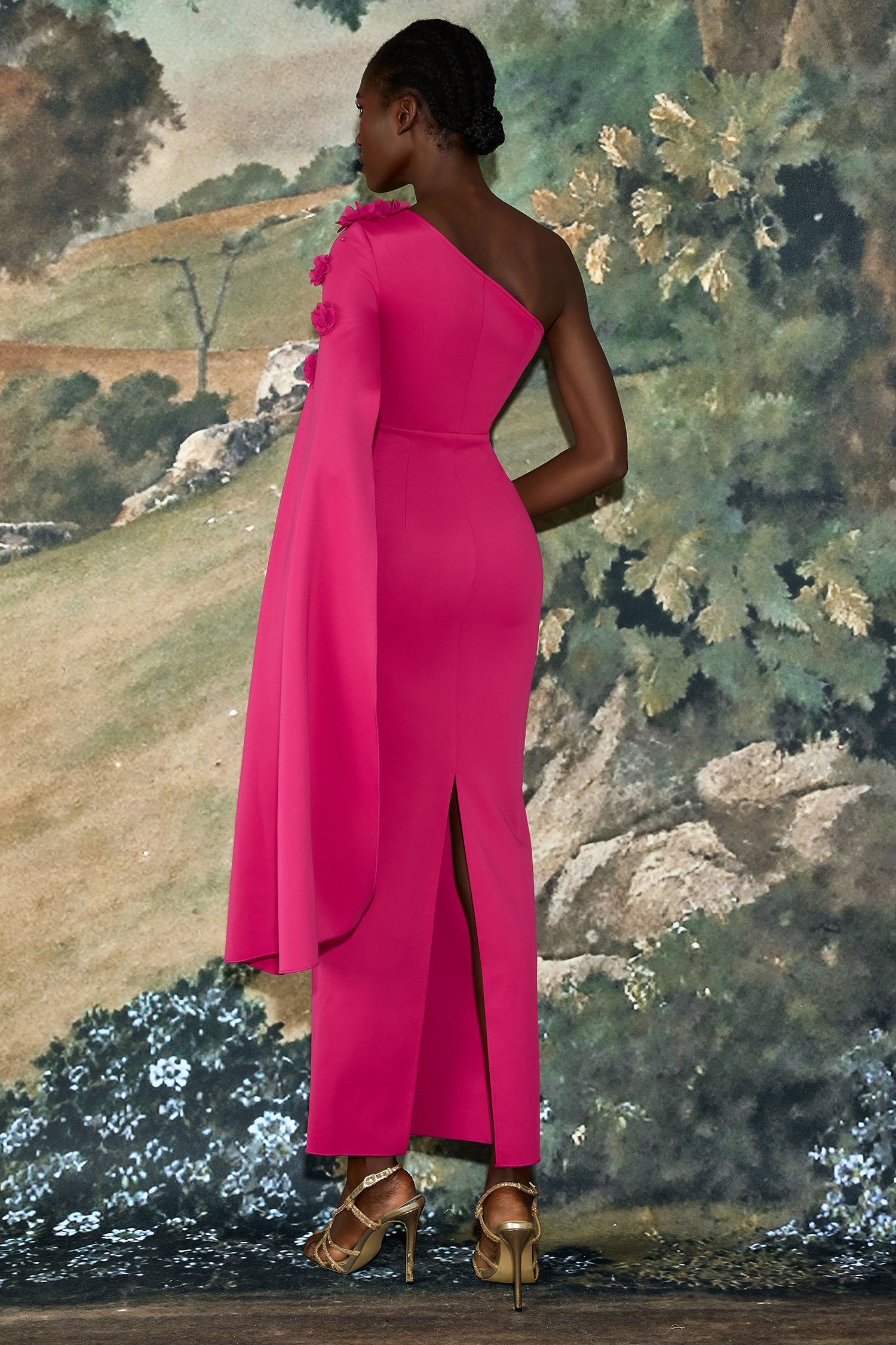 3D Flower Cape Sleeve Slit Midi Dress