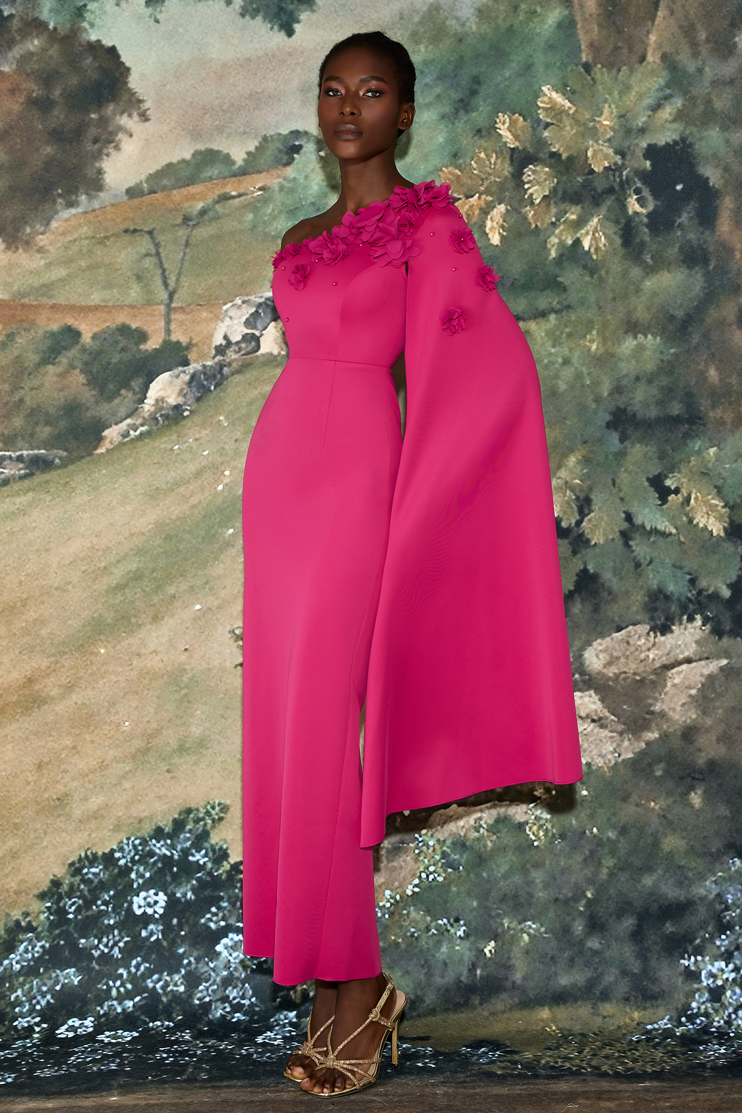 3D Flower Cape Sleeve Slit Midi Dress