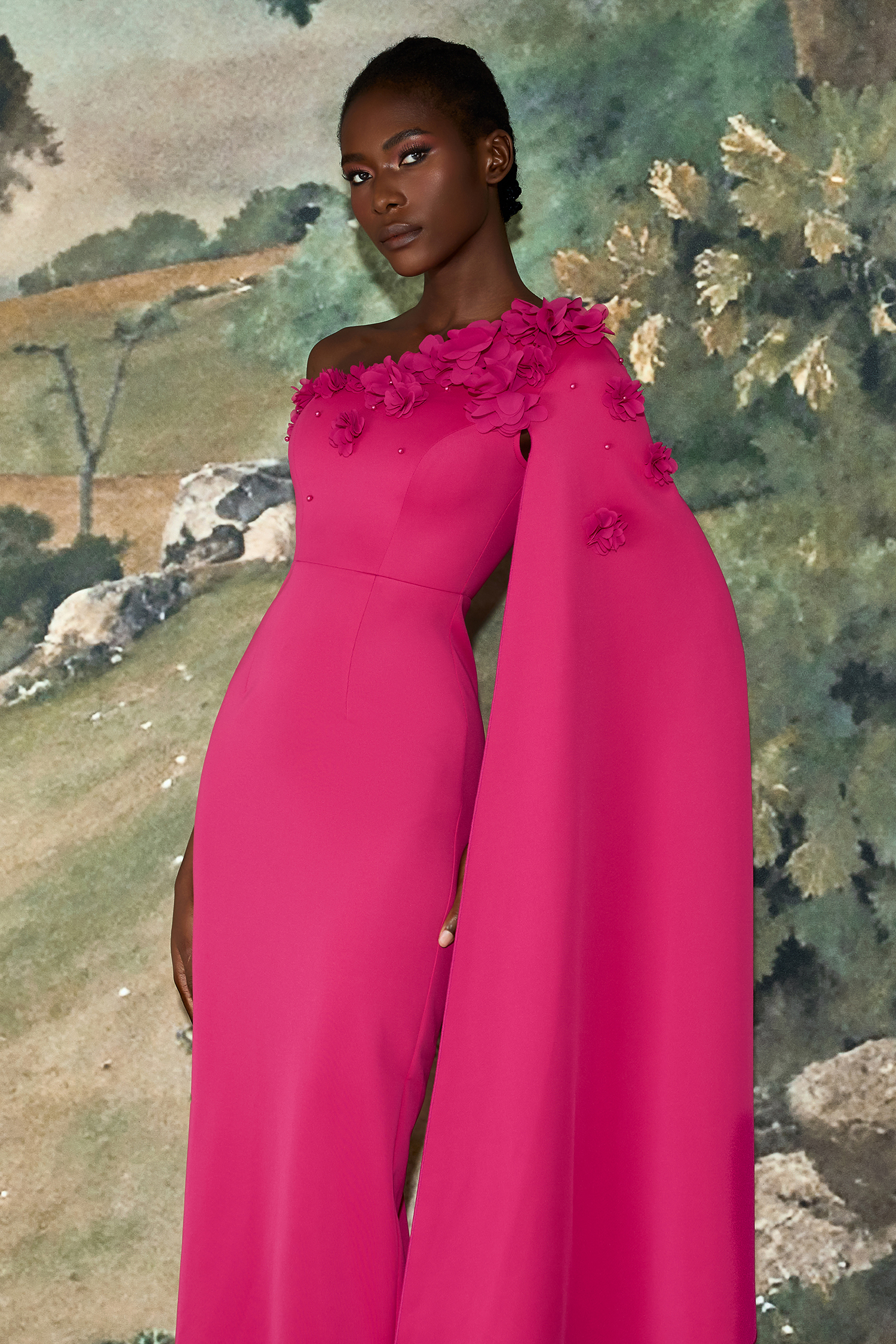 3D Flower Cape Sleeve Slit Midi Dress