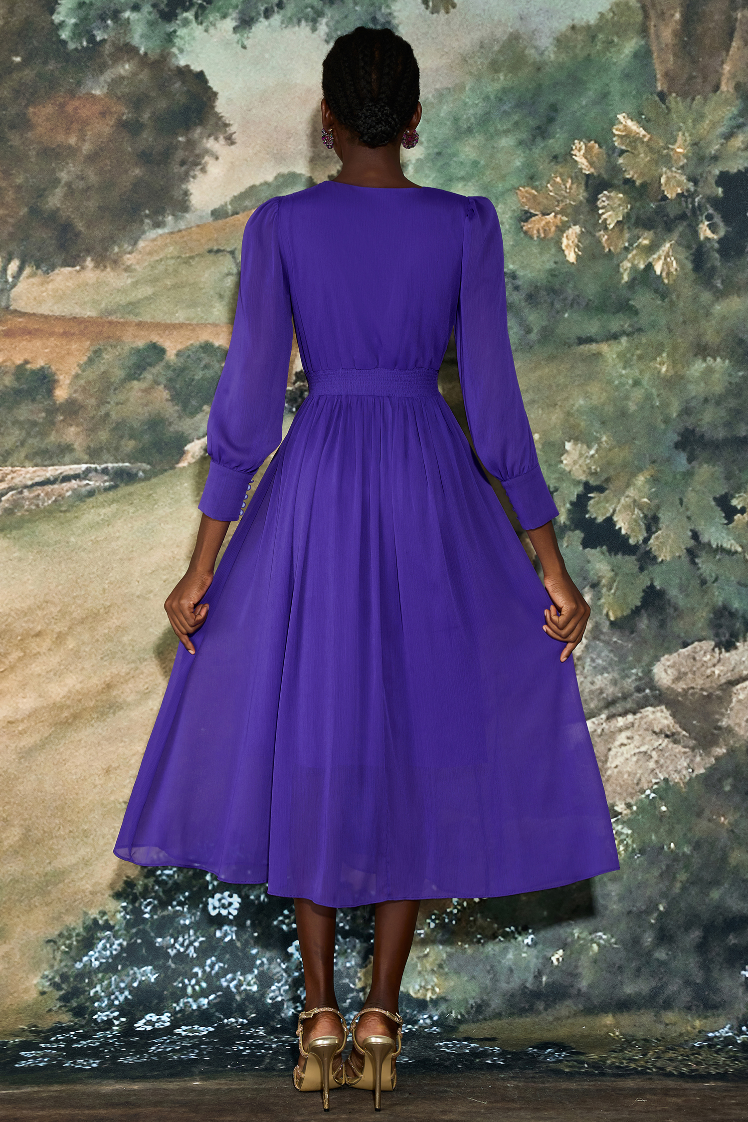 Pleat 3D Flower Long Sleeve Midi Dress