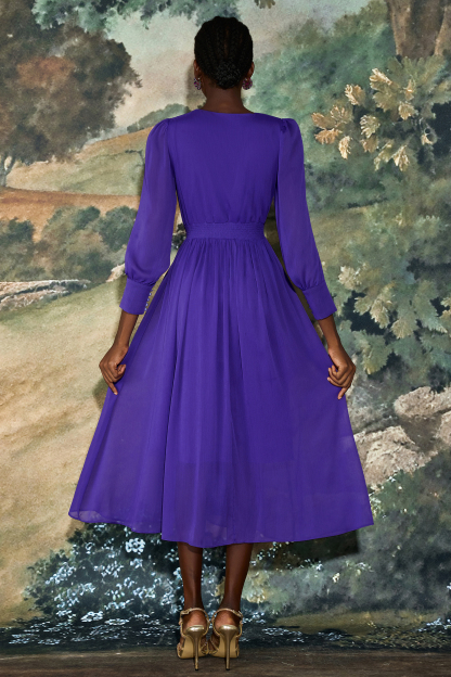 Pleat 3D Flower Long Sleeve Midi Dress