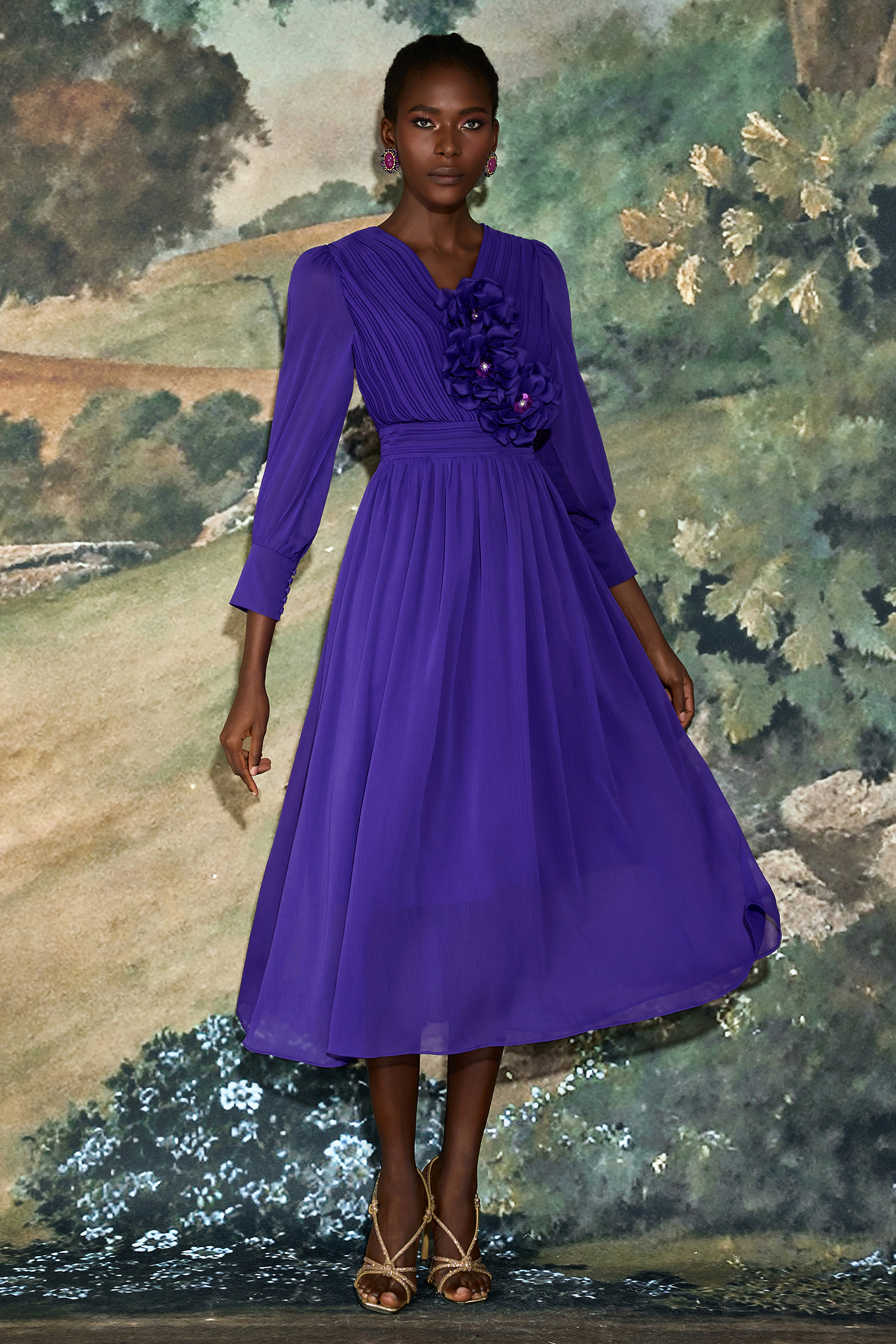 Pleat 3D Flower Long Sleeve Midi Dress