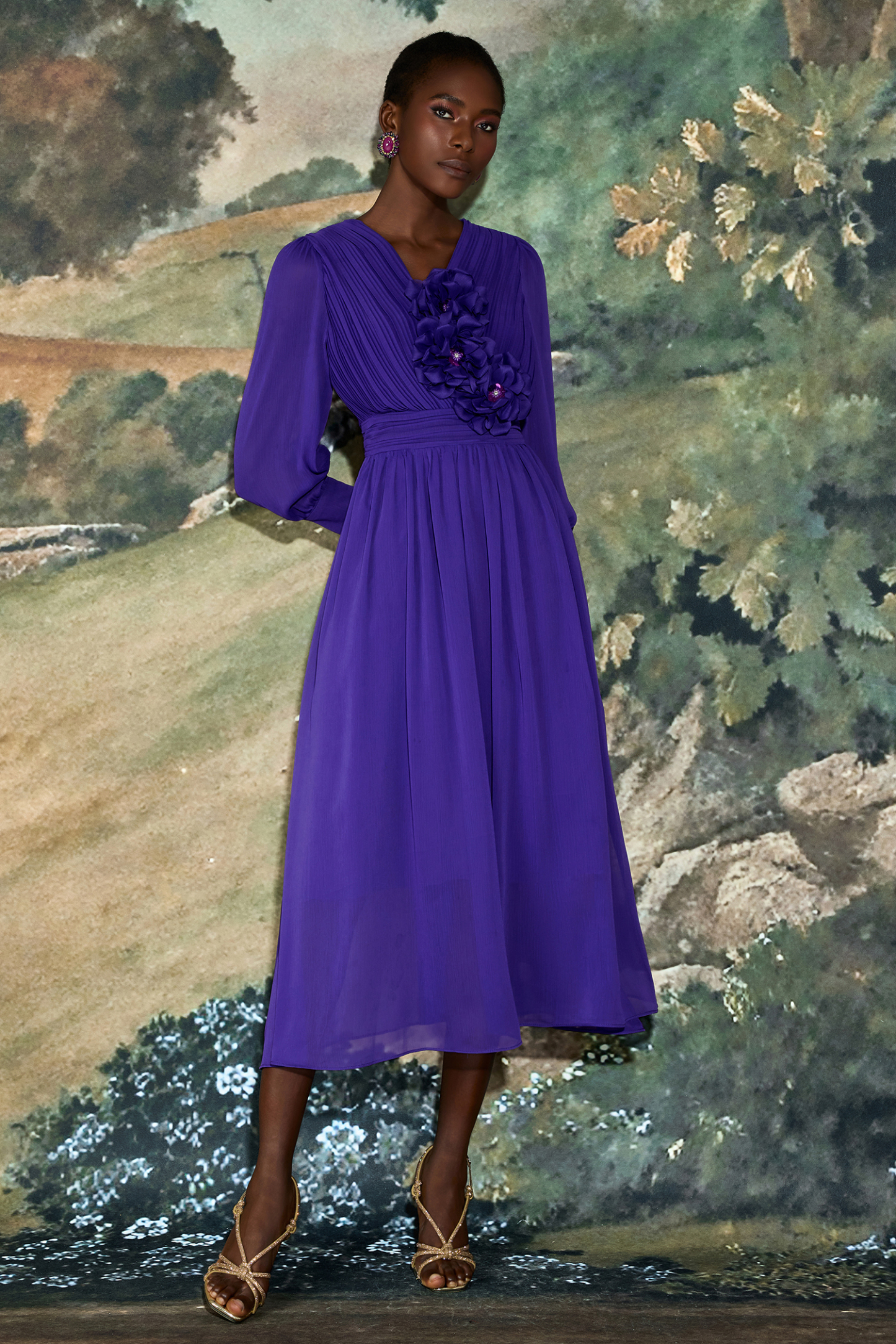 Pleat 3D Flower Long Sleeve Midi Dress