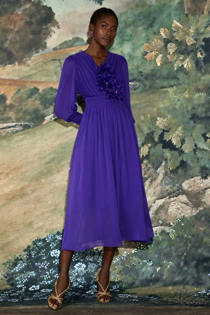 Pleat 3D Flower Long Sleeve Midi Dress