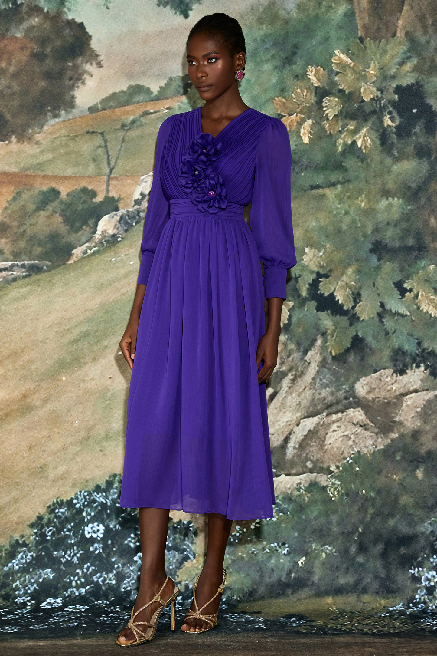 Pleat 3D Flower Long Sleeve Midi Dress