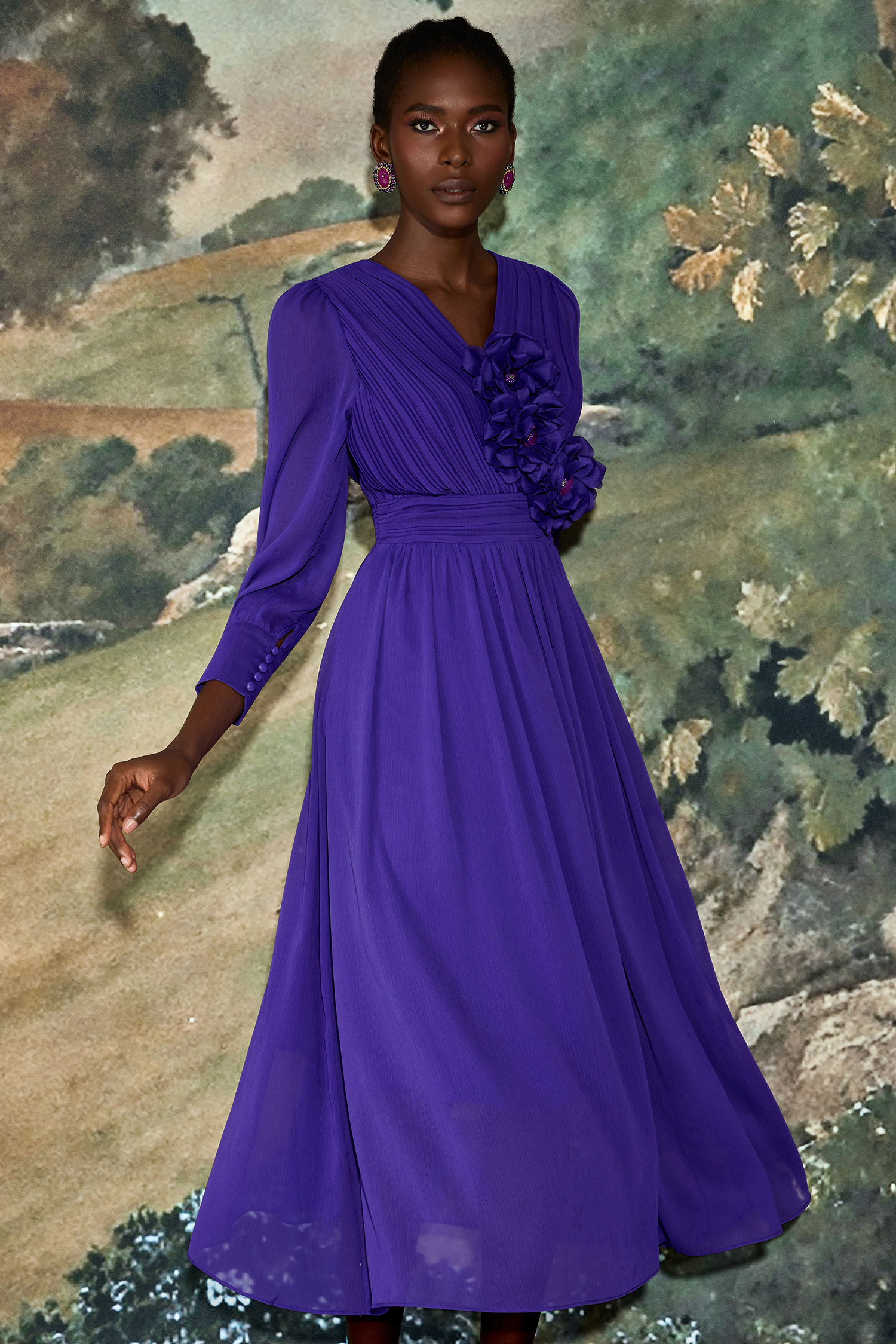 Pleat 3D Flower Long Sleeve Midi Dress