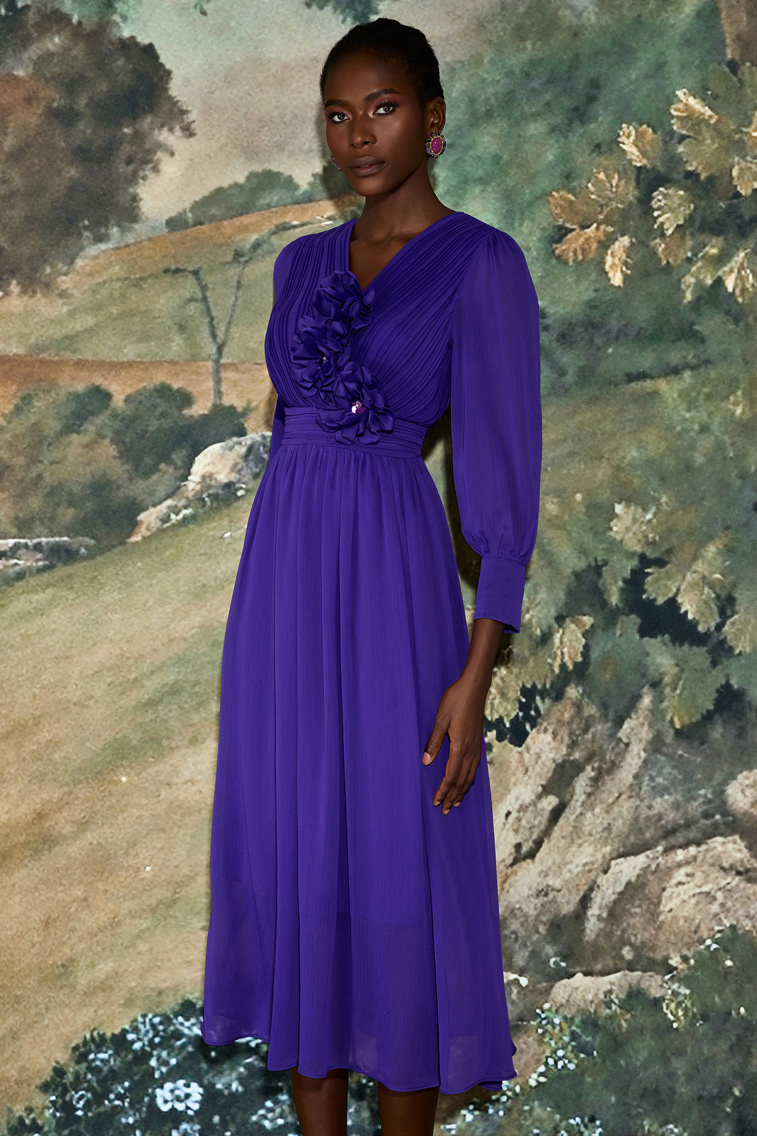 Pleat 3D Flower Long Sleeve Midi Dress