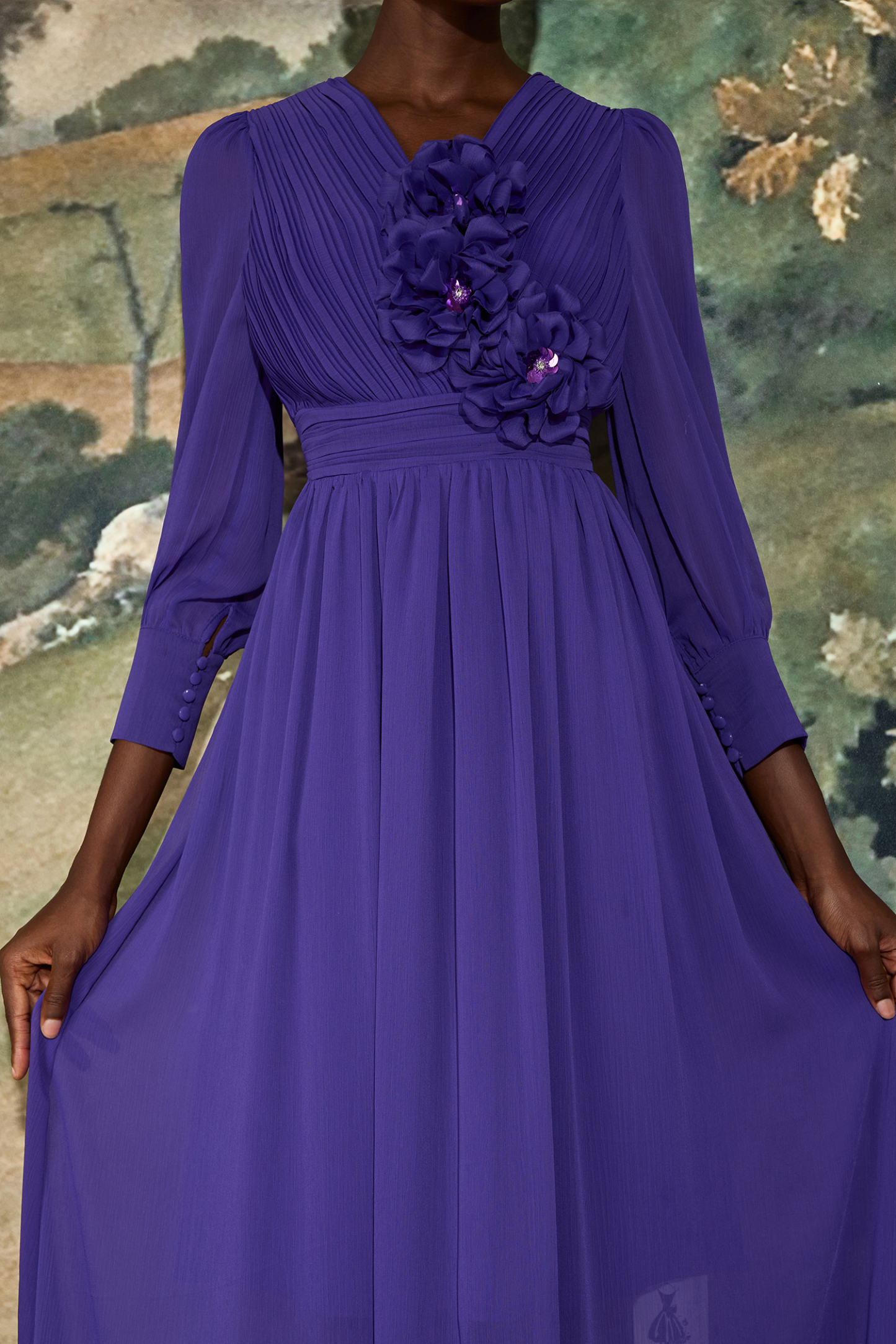 Pleat 3D Flower Long Sleeve Midi Dress