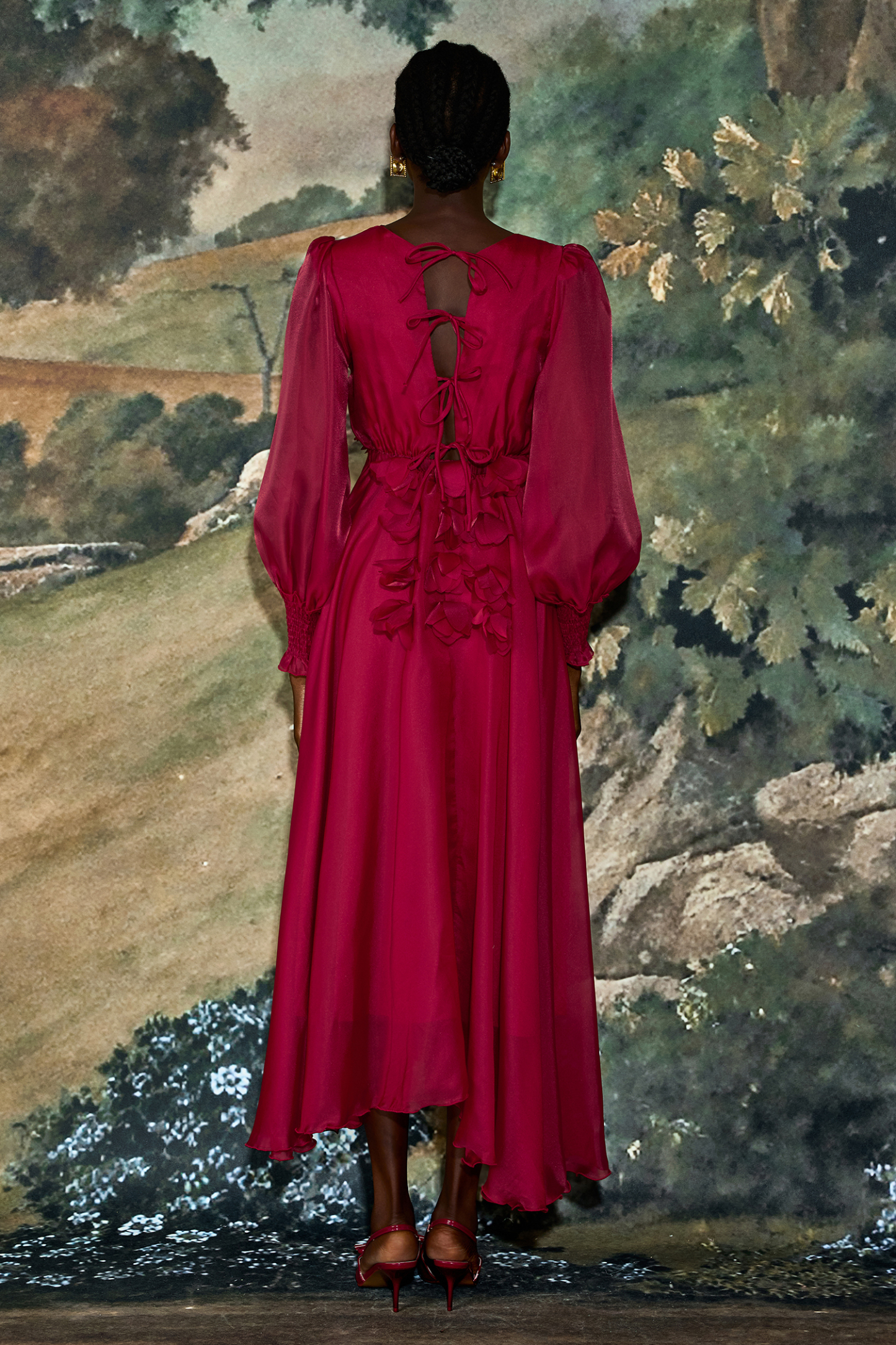 Organza 3D Flower V-Neck Midi Dress