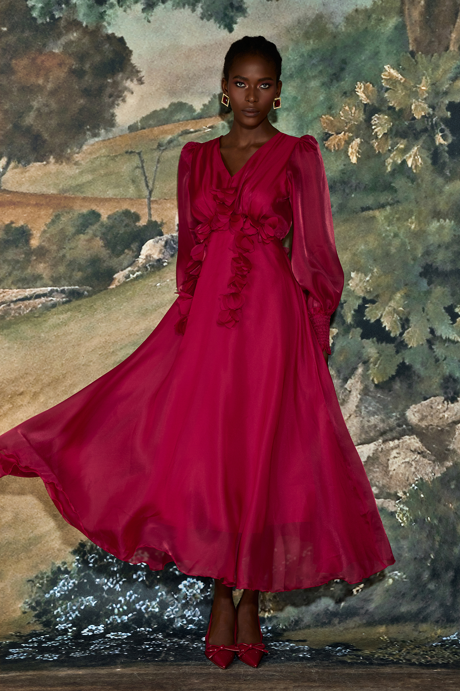 Organza 3D Flower V-Neck Midi Dress