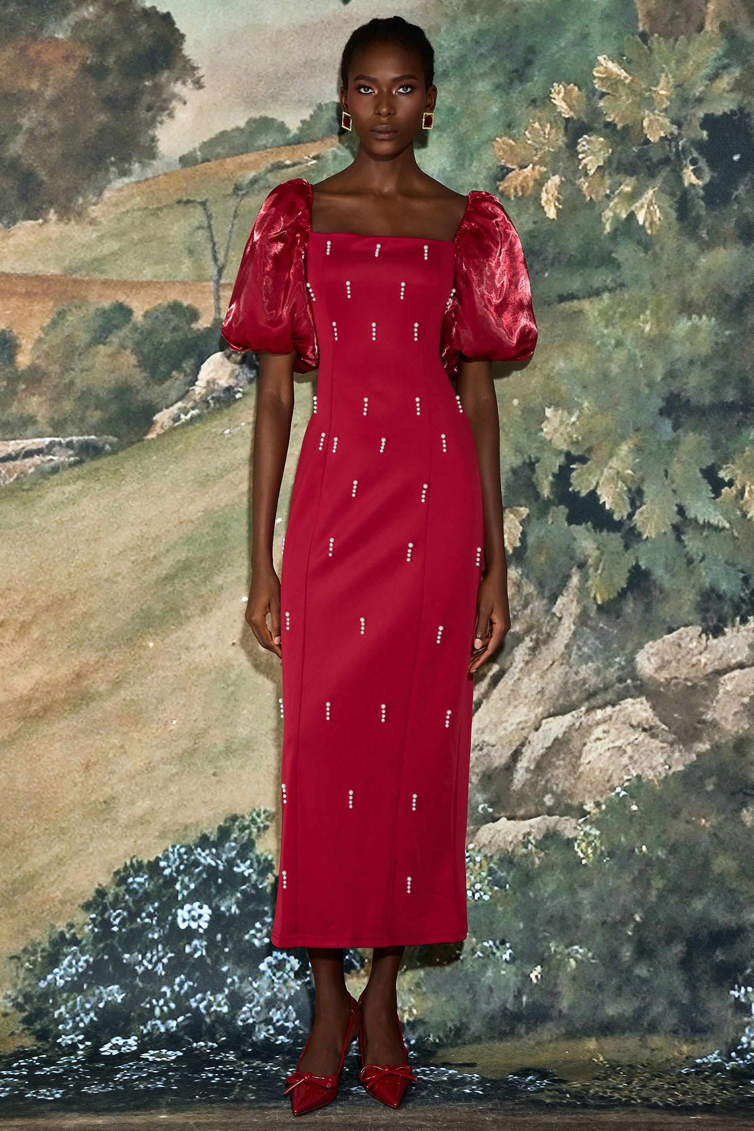 Faux Pearl Square Neck Puff Sleeve Midi Dress