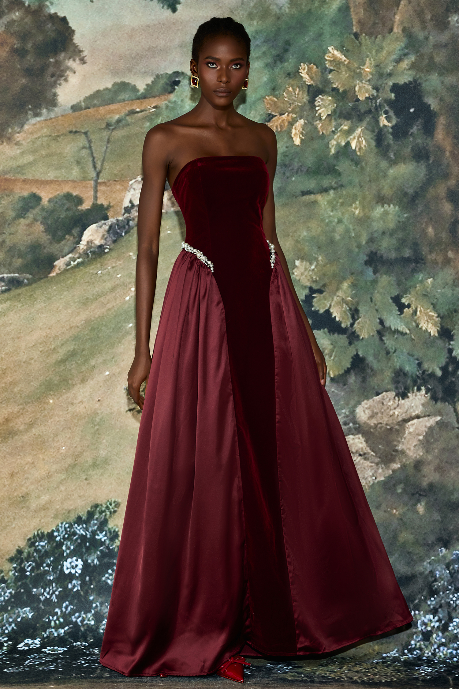 Satin Splicing Velvet Maxi Dress