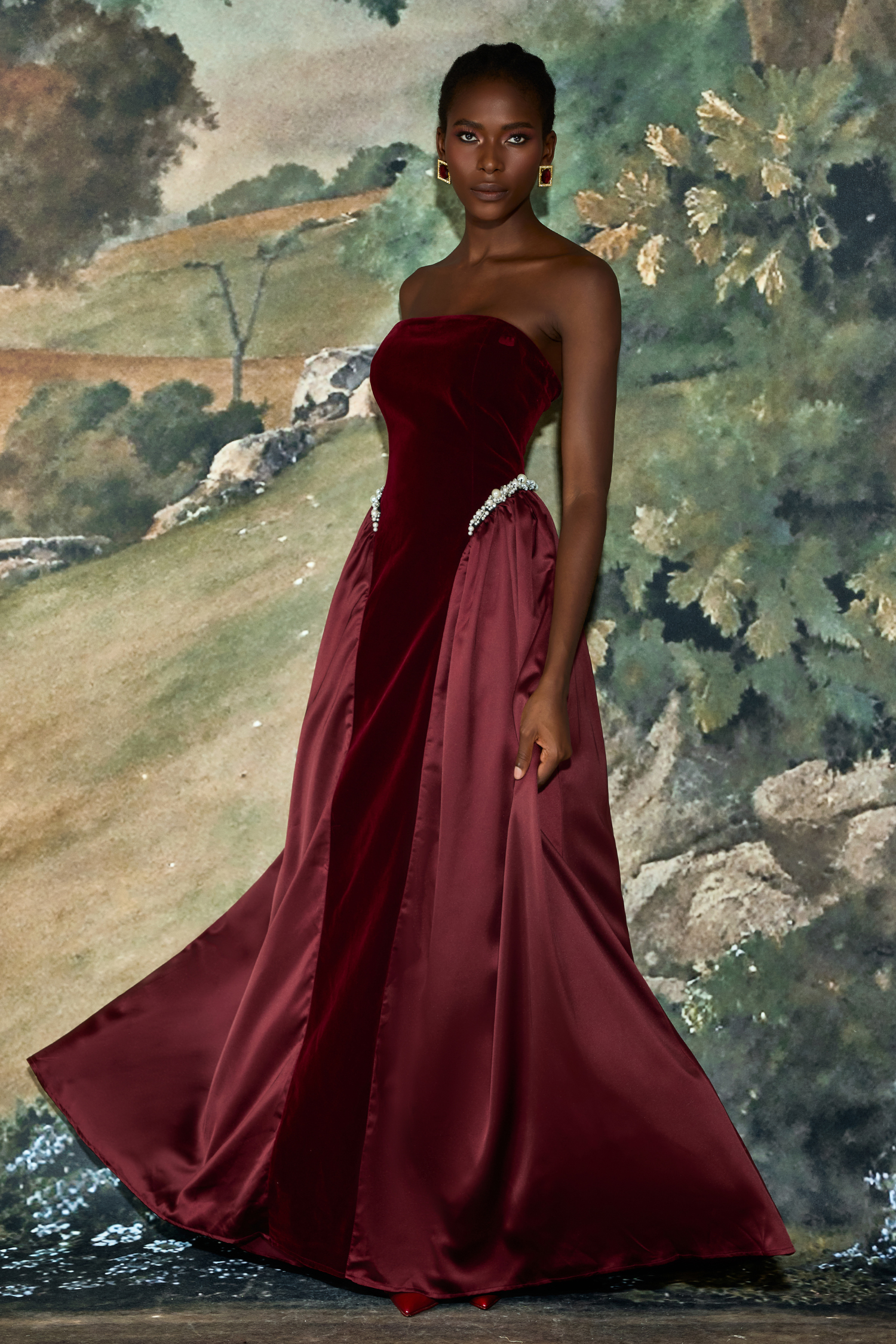 Satin Splicing Velvet Maxi Dress