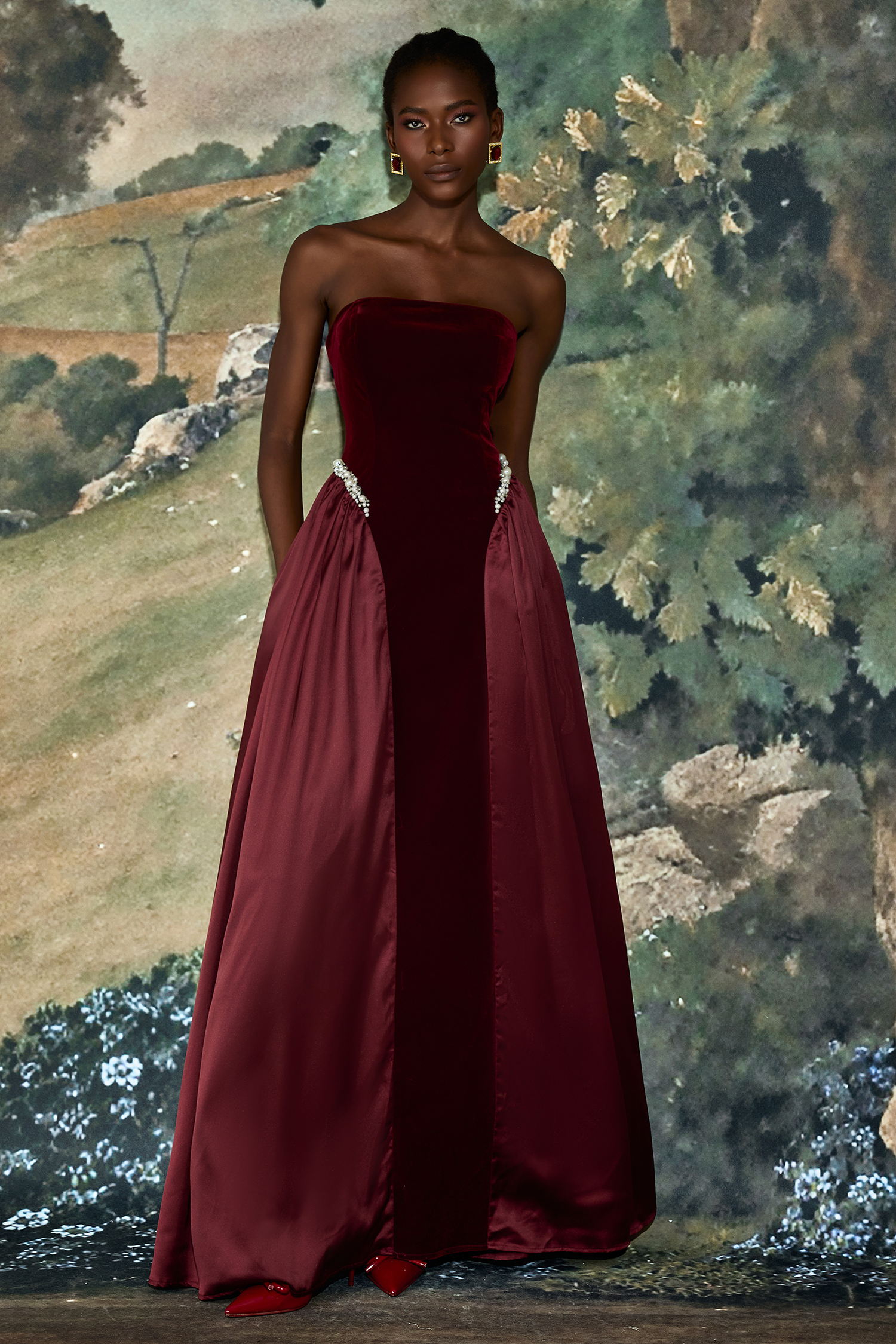 Satin Splicing Velvet Maxi Dress