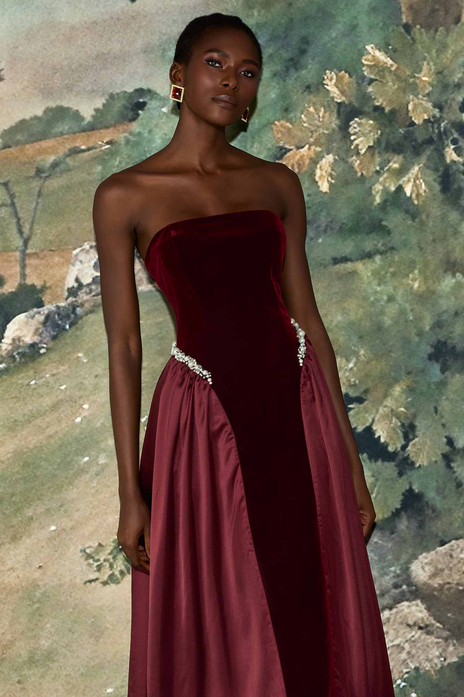 Satin Splicing Velvet Maxi Dress