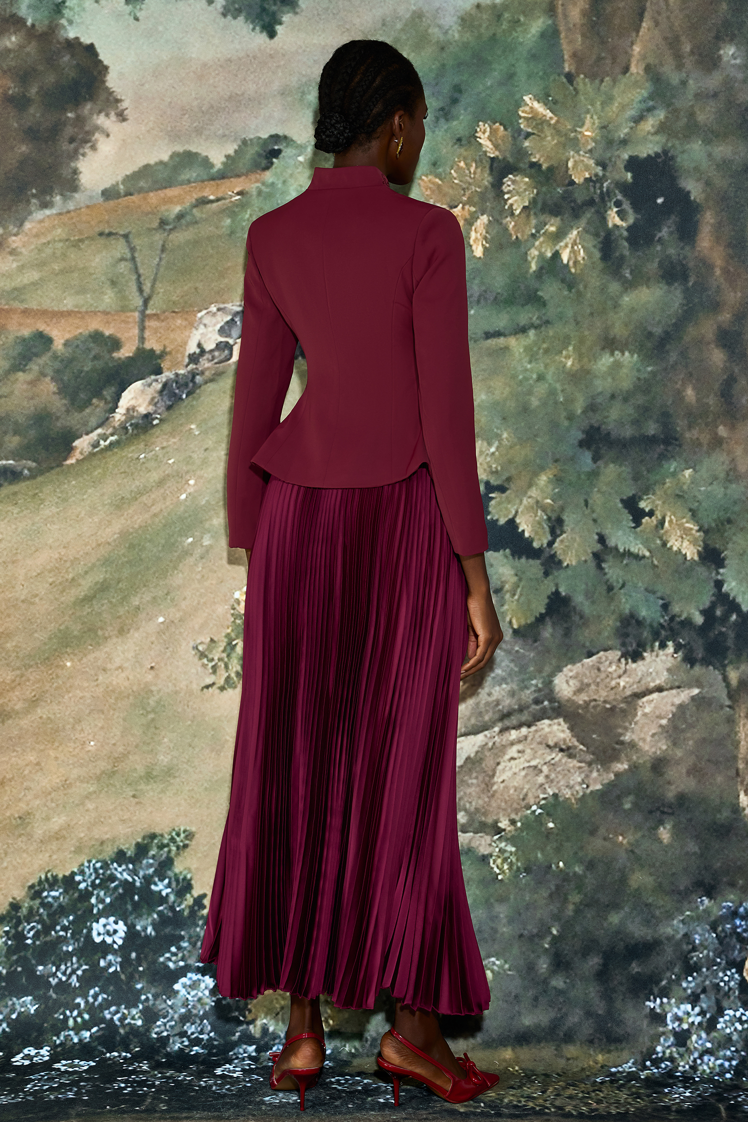 Embroidered Stand Collar Top & High Waist Pleated Maxi Skirt Set