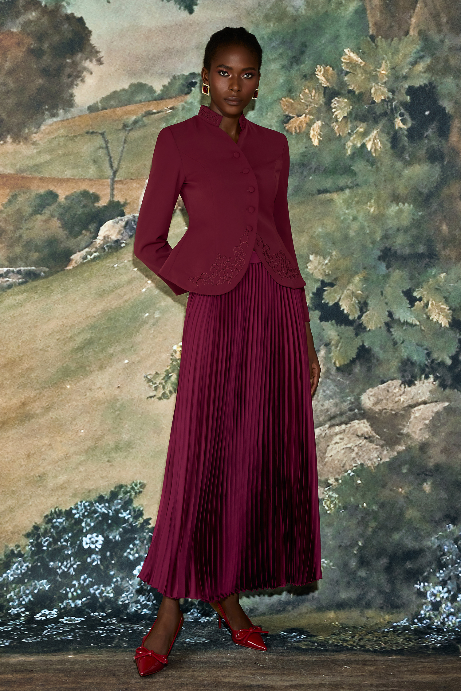 Embroidered Stand Collar Top & High Waist Pleated Maxi Skirt Set