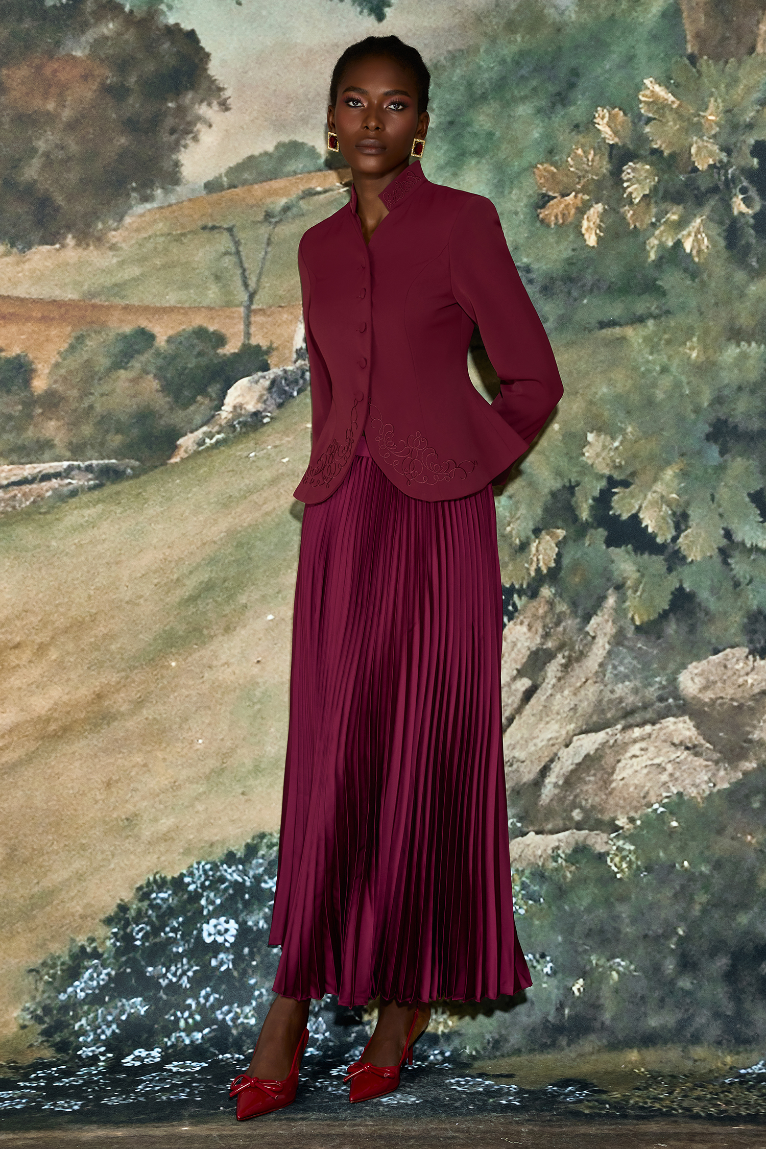 Embroidered Stand Collar Top & High Waist Pleated Maxi Skirt Set