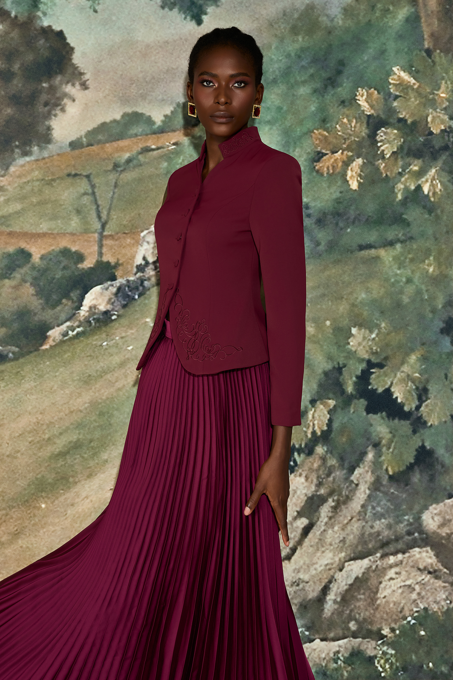 Embroidered Stand Collar Top & High Waist Pleated Maxi Skirt Set