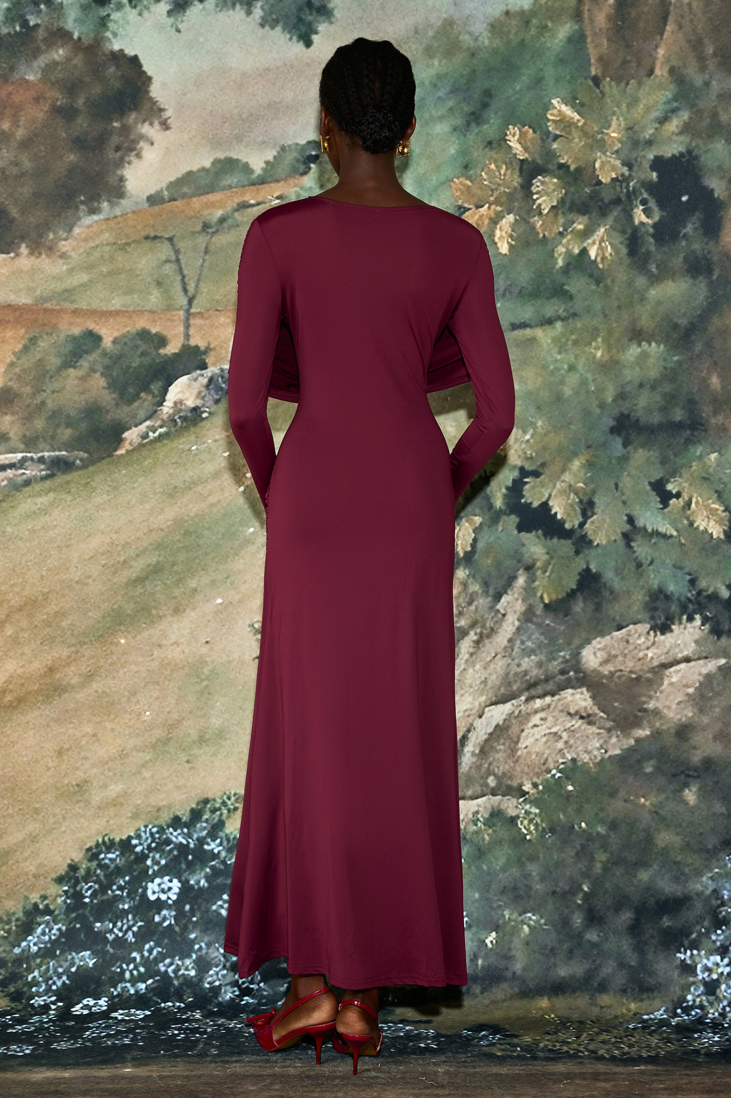 Solid Gathering Long Sleeve Maxi Dress