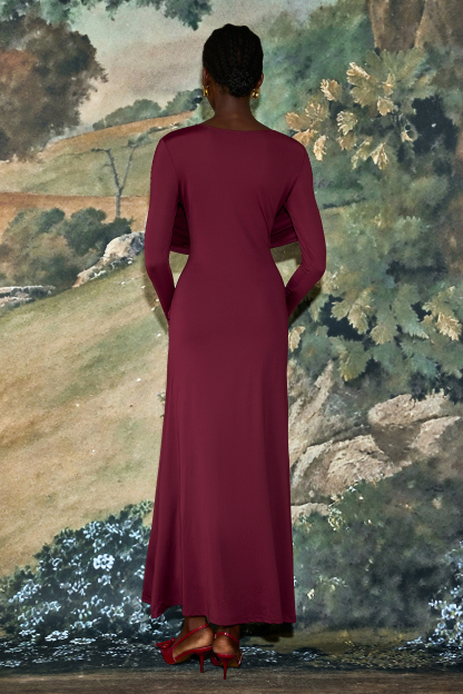 Solid Gathering Long Sleeve Maxi Dress