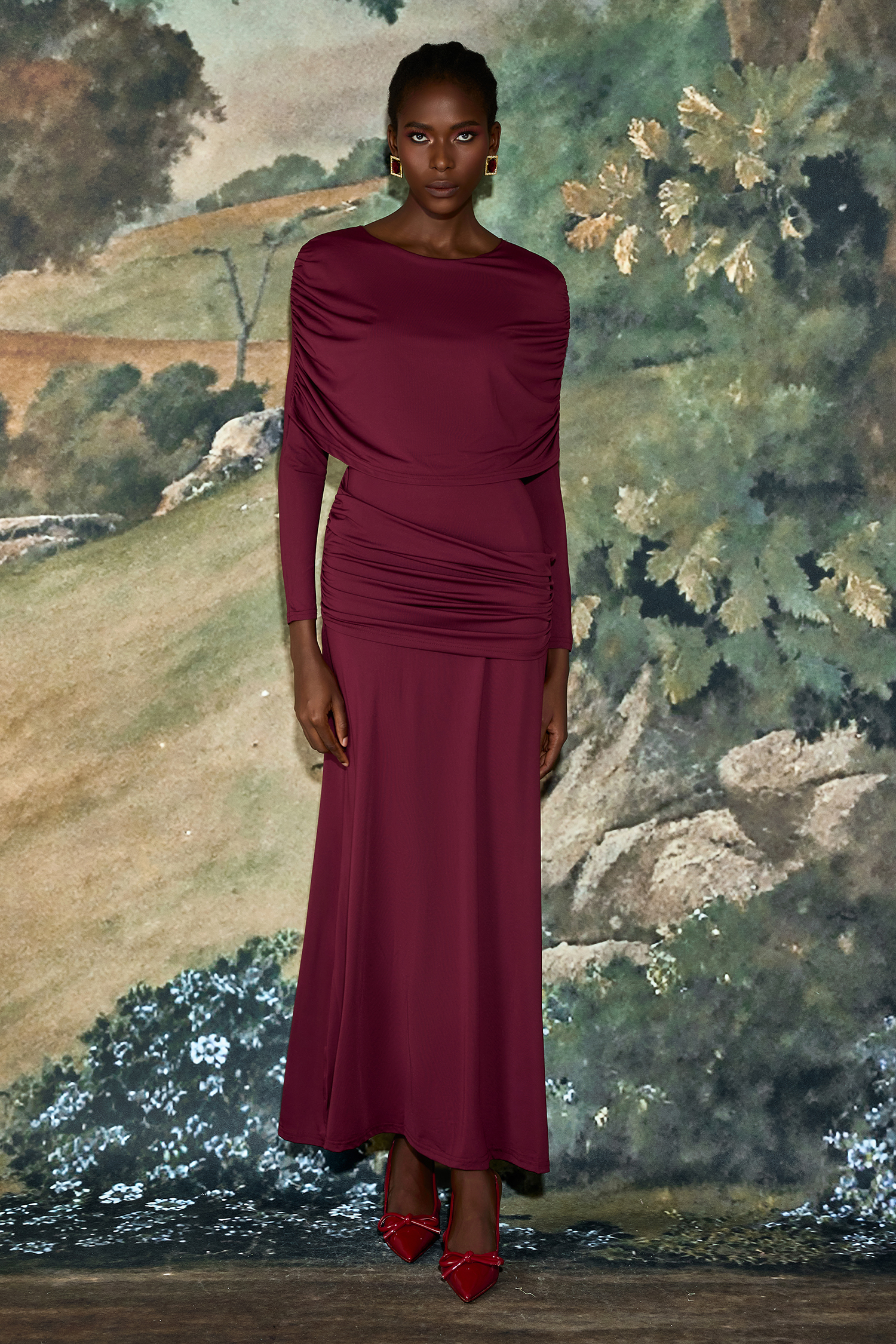 Solid Gathering Long Sleeve Maxi Dress