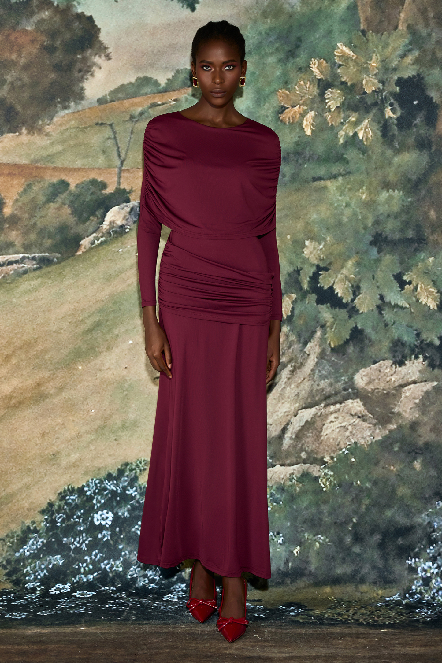 Solid Gathering Long Sleeve Maxi Dress