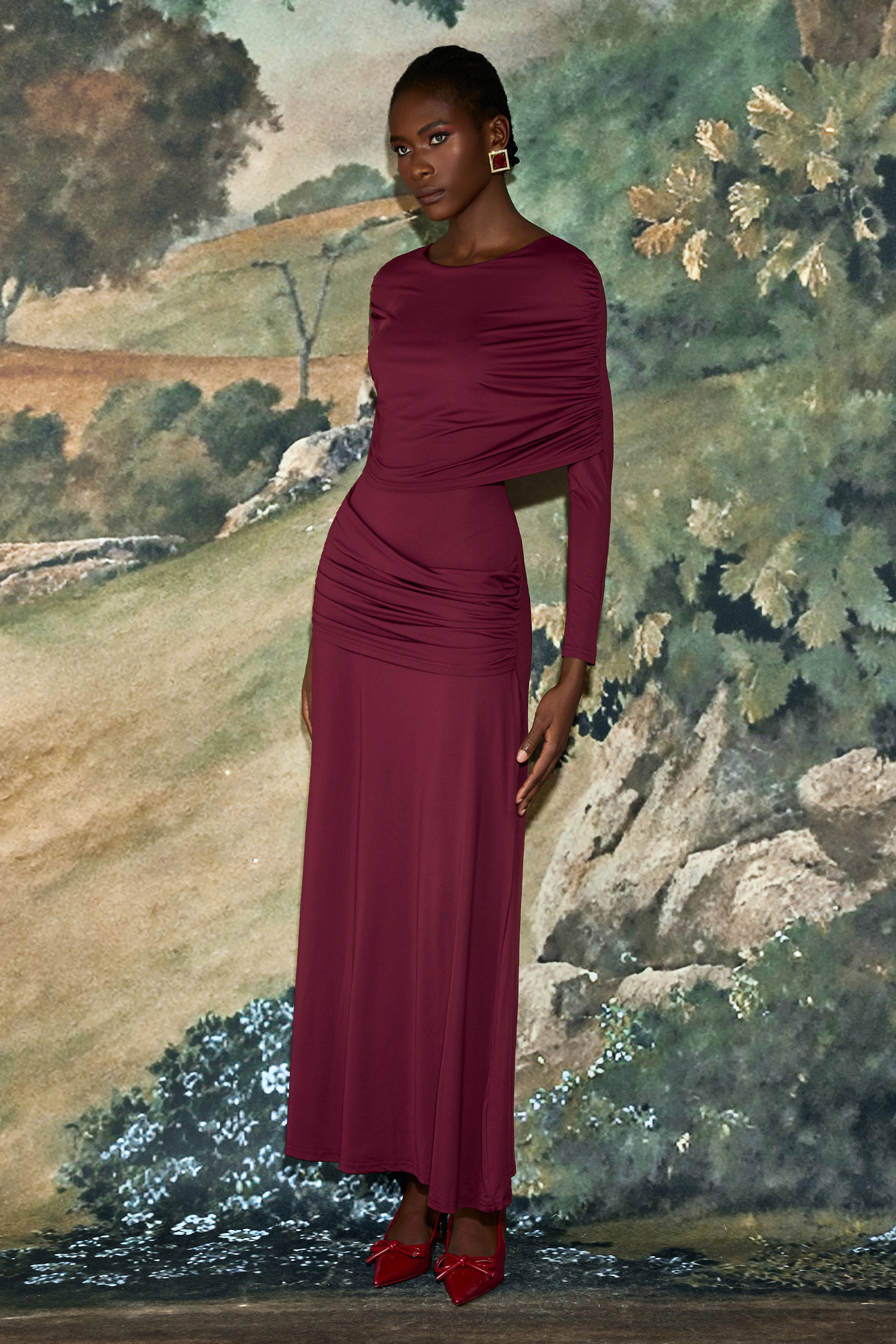 Solid Gathering Long Sleeve Maxi Dress