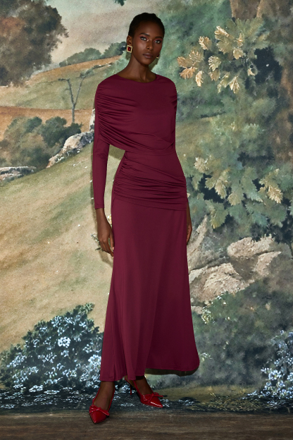 Solid Gathering Long Sleeve Maxi Dress