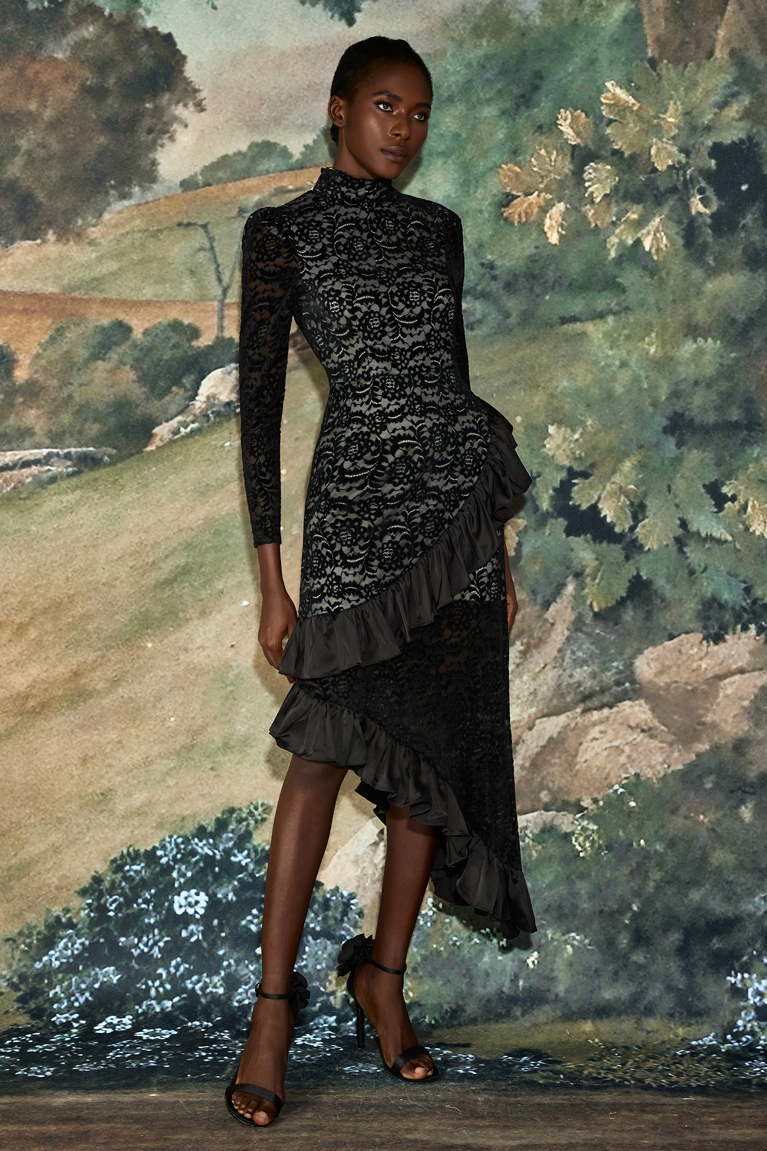 Flock Lace Ruffle Long Sleeve Midi Dress