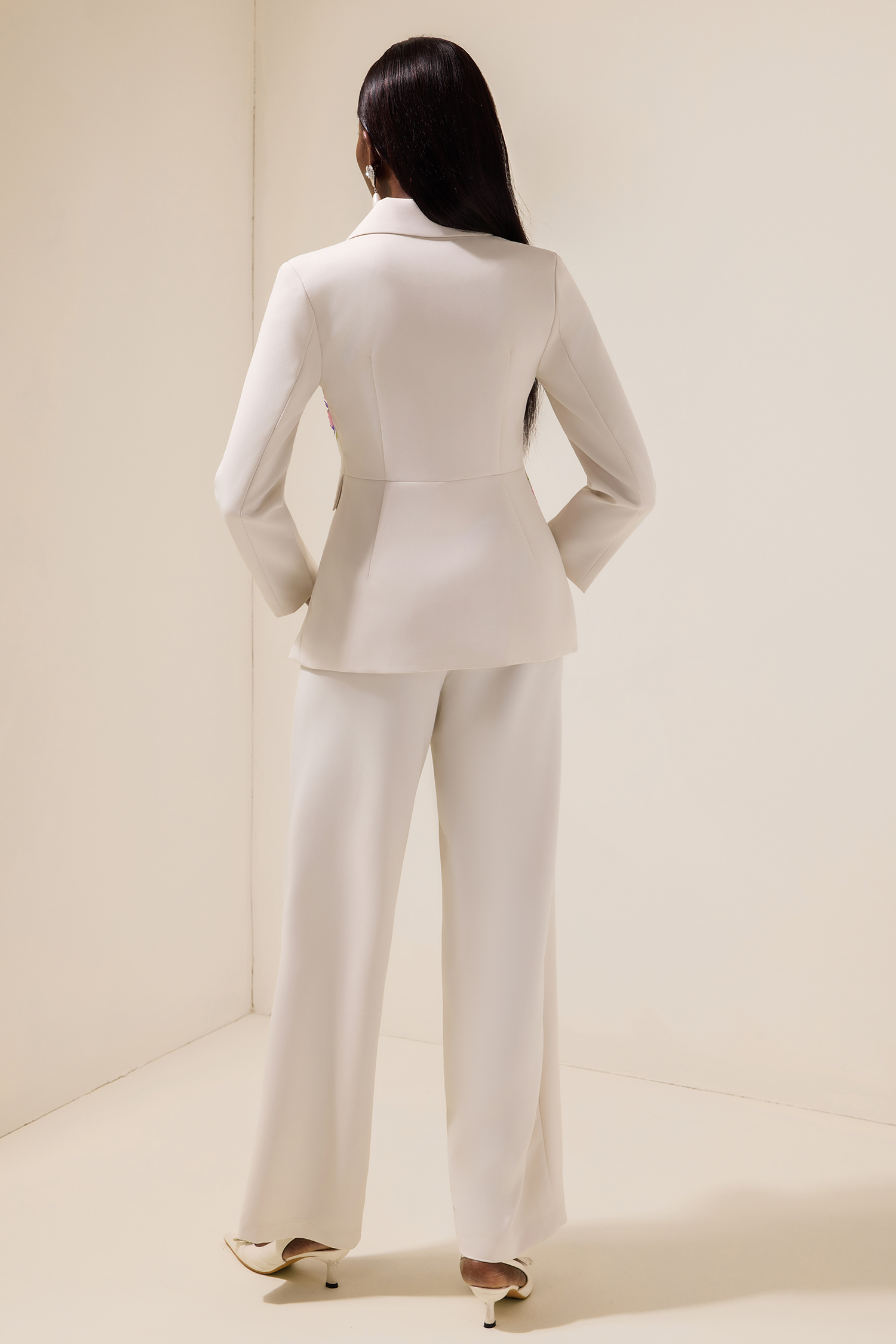 Embroidered Tailored Collar Blazer & Pleated High Waist Pants Set