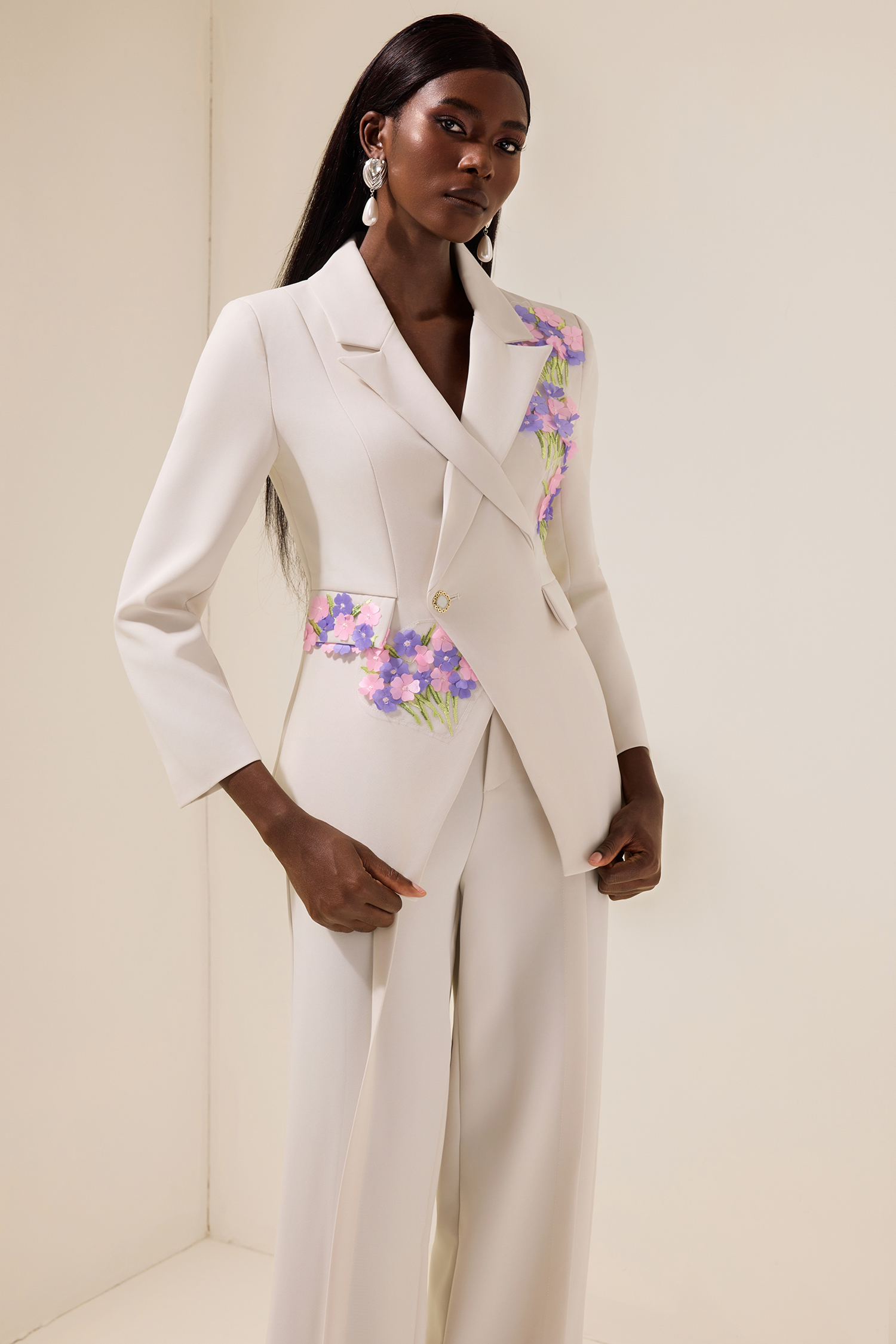 Embroidered Tailored Collar Blazer & Pleated High Waist Pants Set