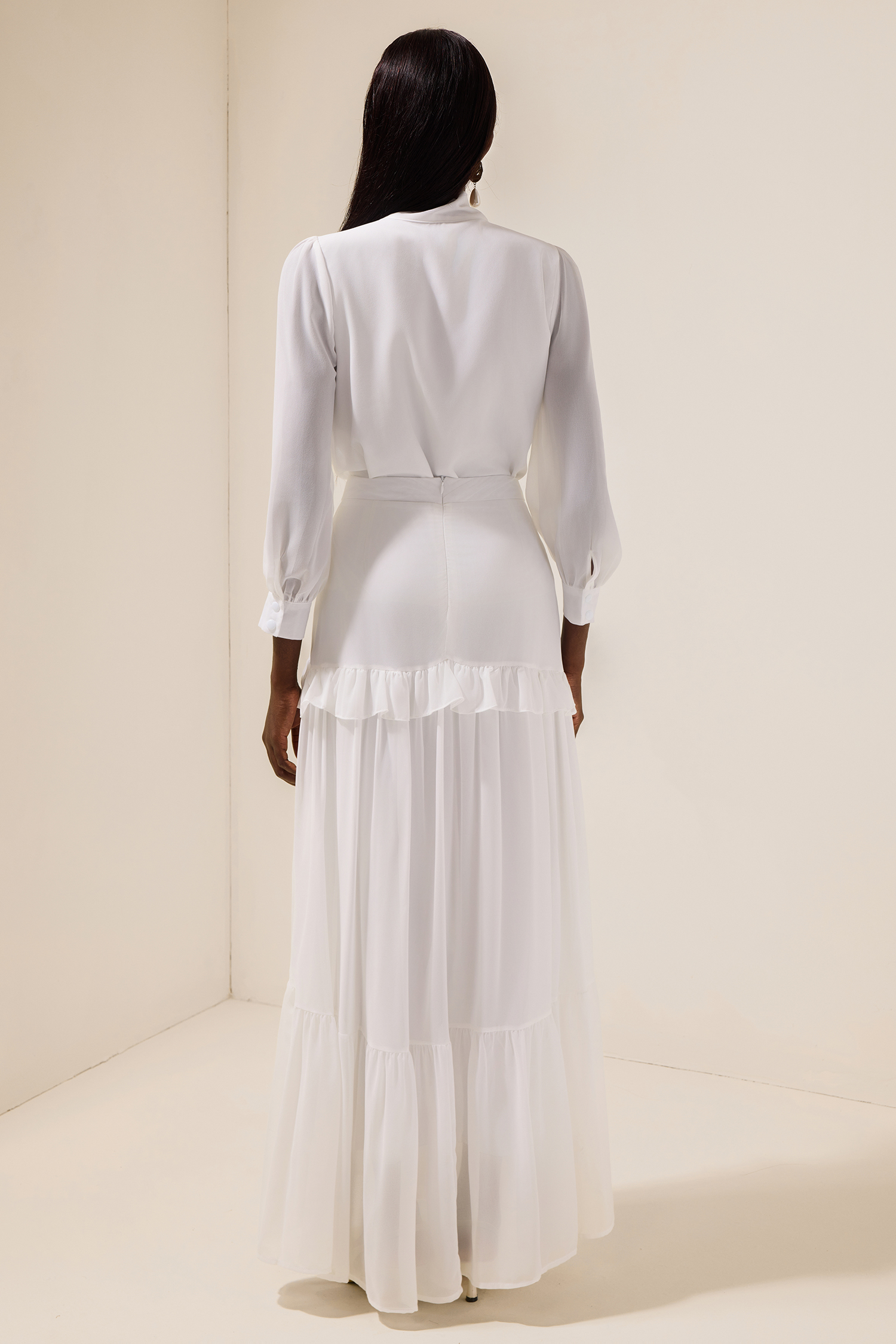 Chiffon Puff Sleeve V-Neck Top & Ruffle Mid Waist Skirt Set