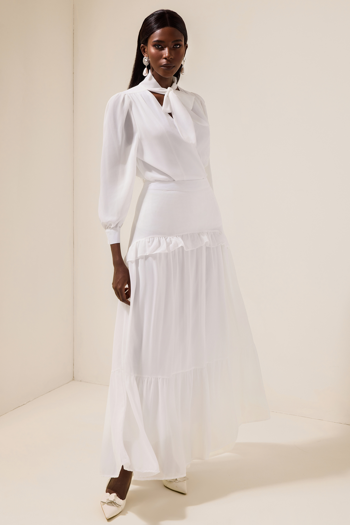 Chiffon Puff Sleeve V-Neck Top & Ruffle Mid Waist Skirt Set