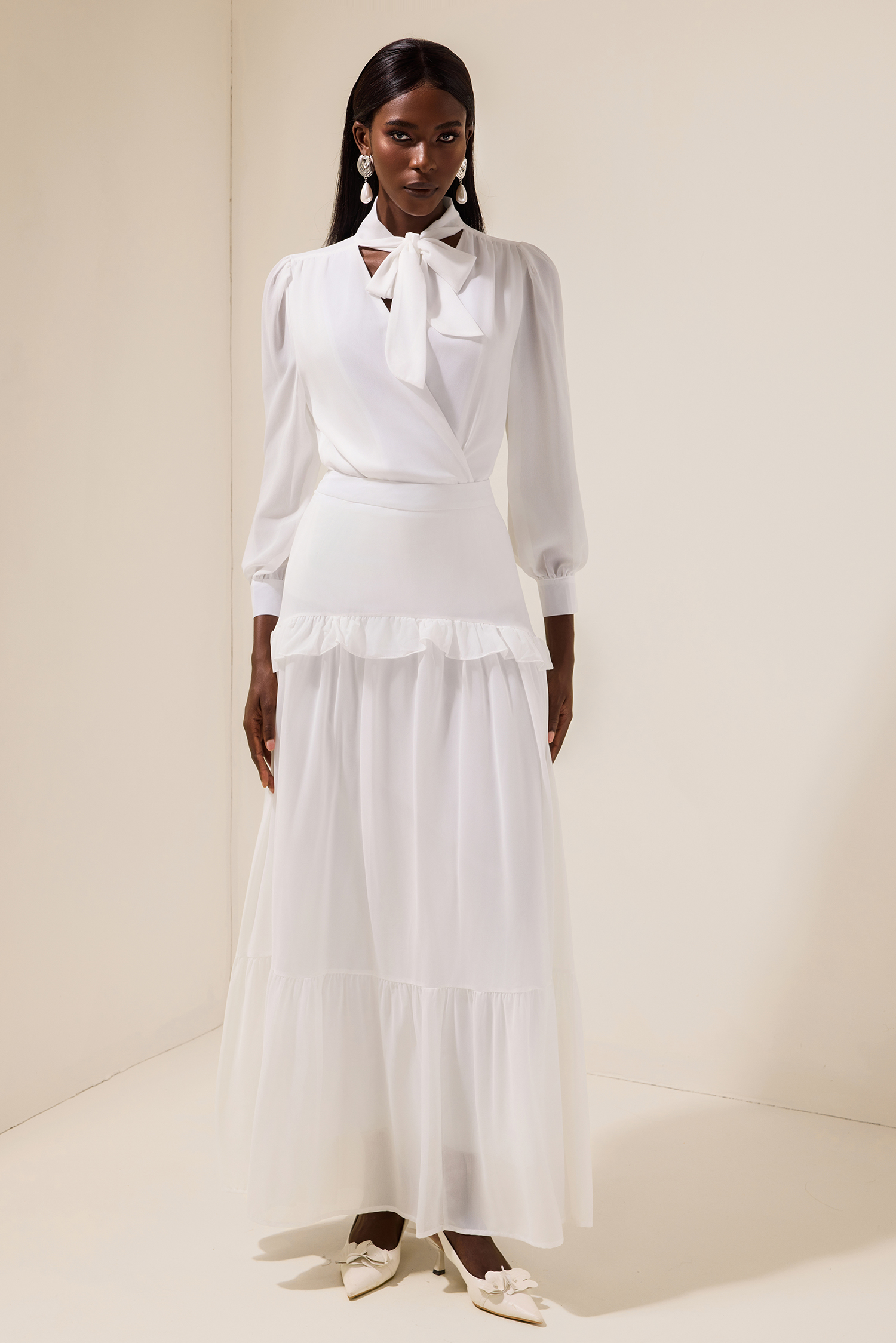 Chiffon Puff Sleeve V-Neck Top & Ruffle Mid Waist Skirt Set