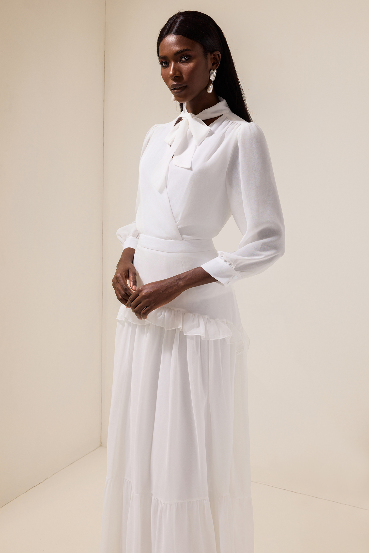 Chiffon Puff Sleeve V-Neck Top & Ruffle Mid Waist Skirt Set