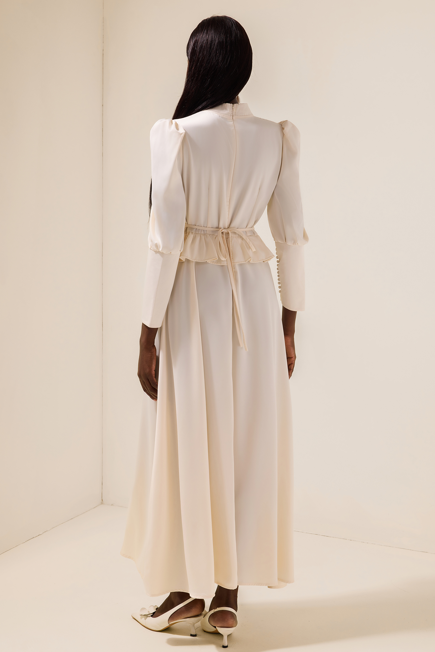 Satin Faux Pearl Button Frill Maxi Dress