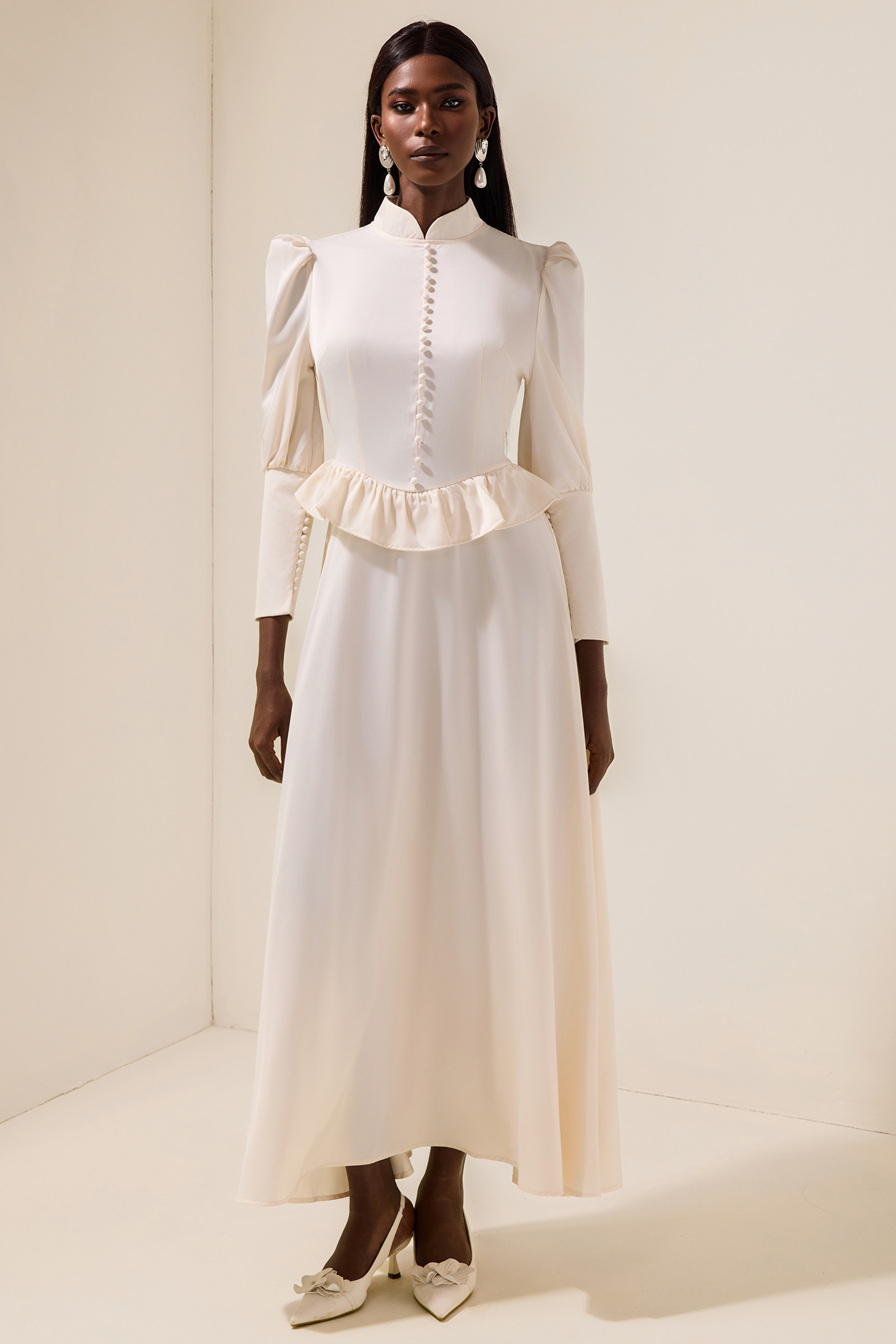 Satin Faux Pearl Button Frill Maxi Dress